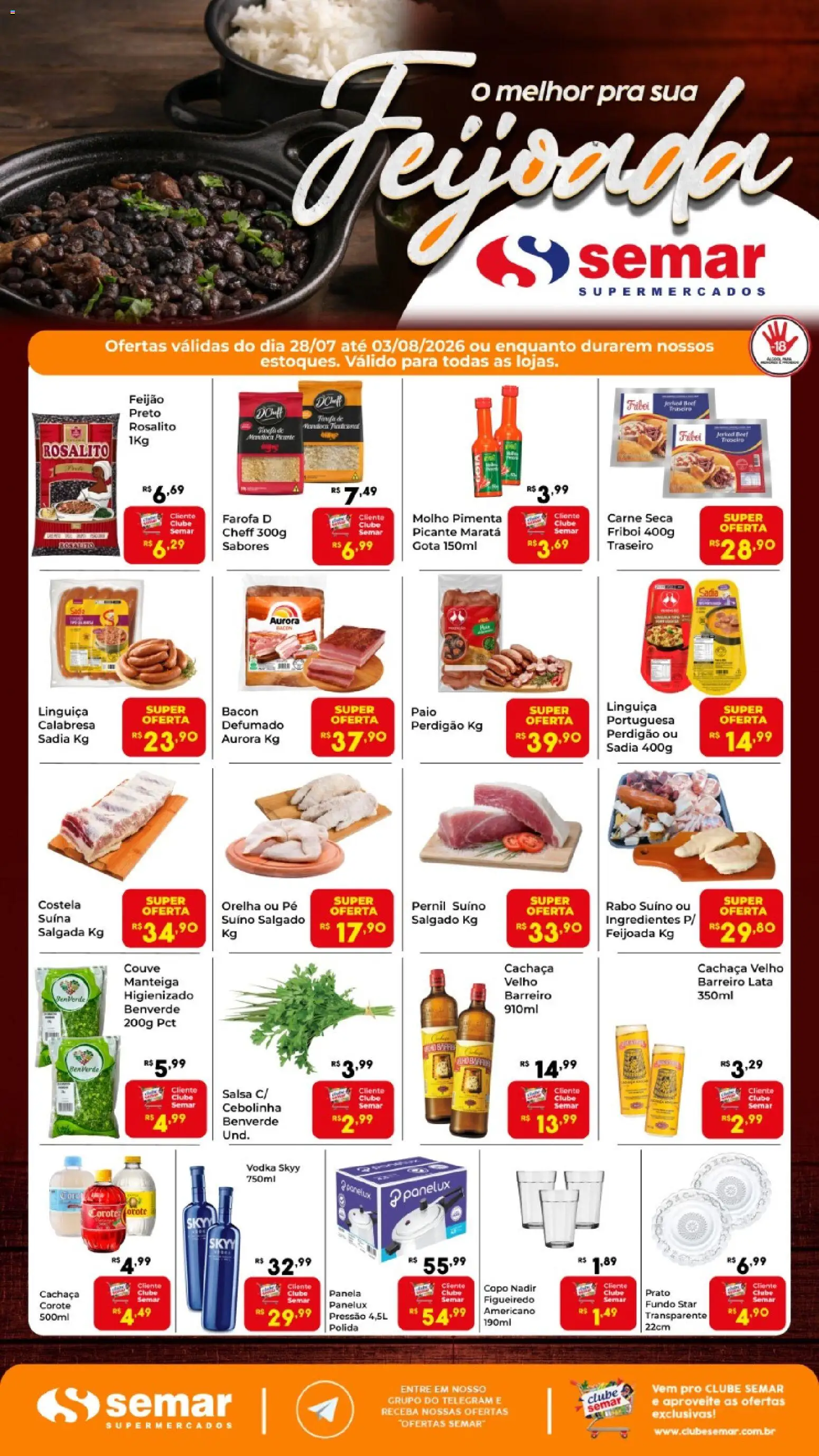 Pré-Visualização do folheto "Semar Supermercado ofertas Feijoada" da loja Semar Supermercado válido a partir de 28/07/2026 - Feijão, Manteiga, Pimenta, Panela, Farofa, Pernil, Carne seca, Pernil suíno