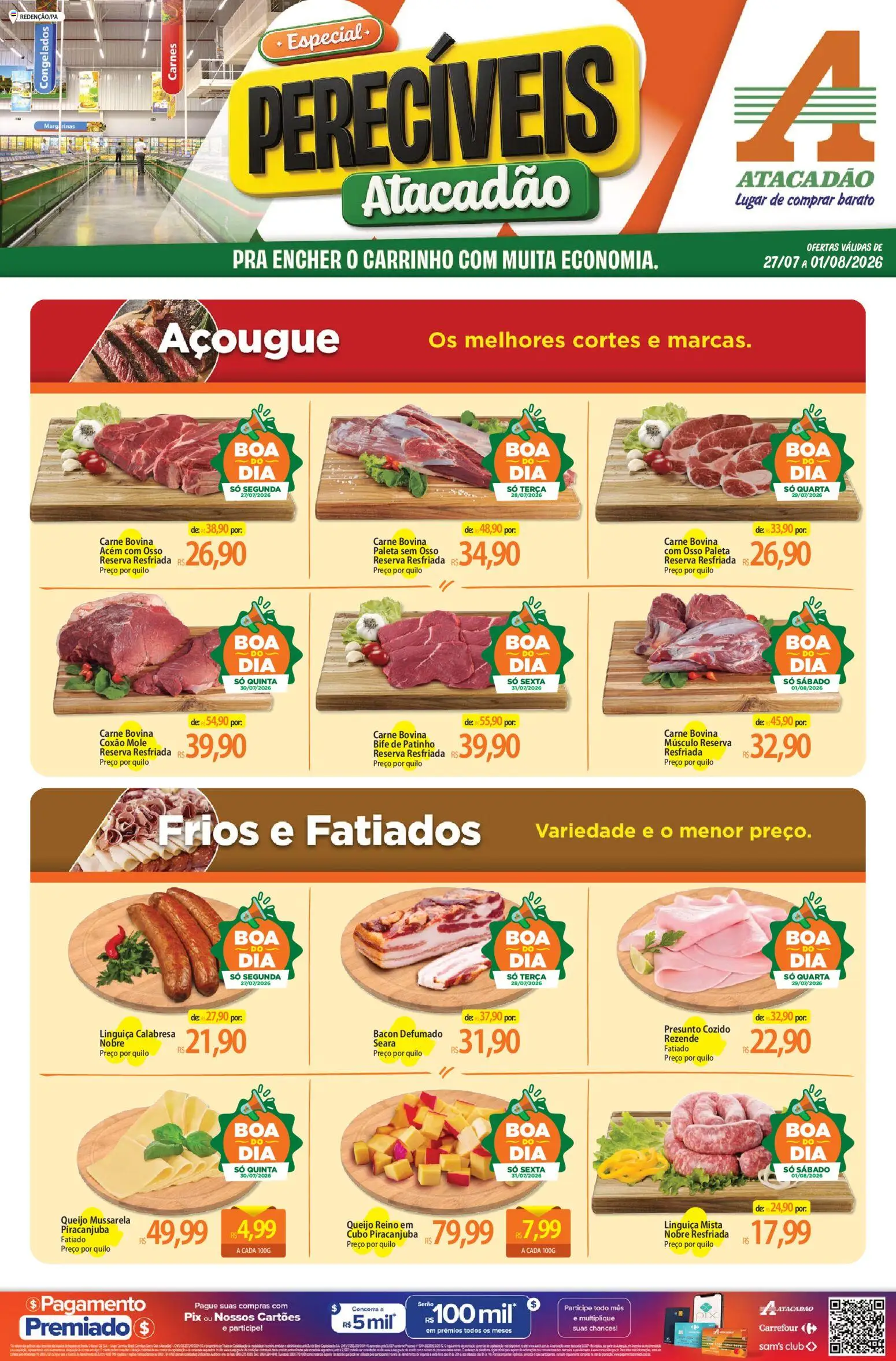 Pré-Visualização do folheto "Atacadão ofertas - PA" da loja Atacadão válido a partir de 27/07/2026 - Queijo, Carrinho, Mussarela, Bacon, Linguiça, Presunto, Carne bovina, Acém