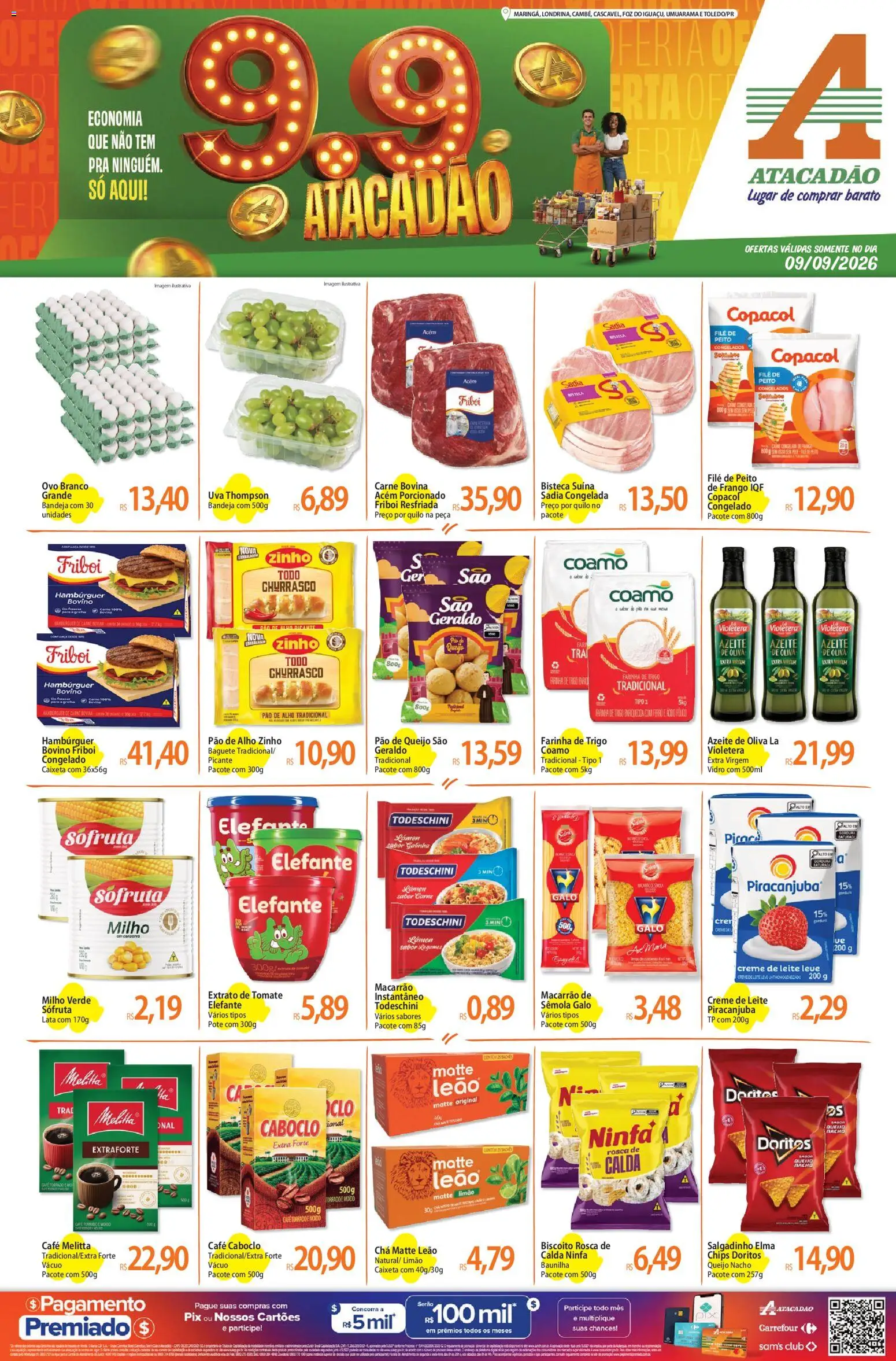 Pré-Visualização do folheto "Atacadão ofertas - PR" da loja Atacadão válido a partir de 09/09/2026 - Hambúrguer, Uva, Leite, Frango, Tomate, Pao de alho, Tela, Acém