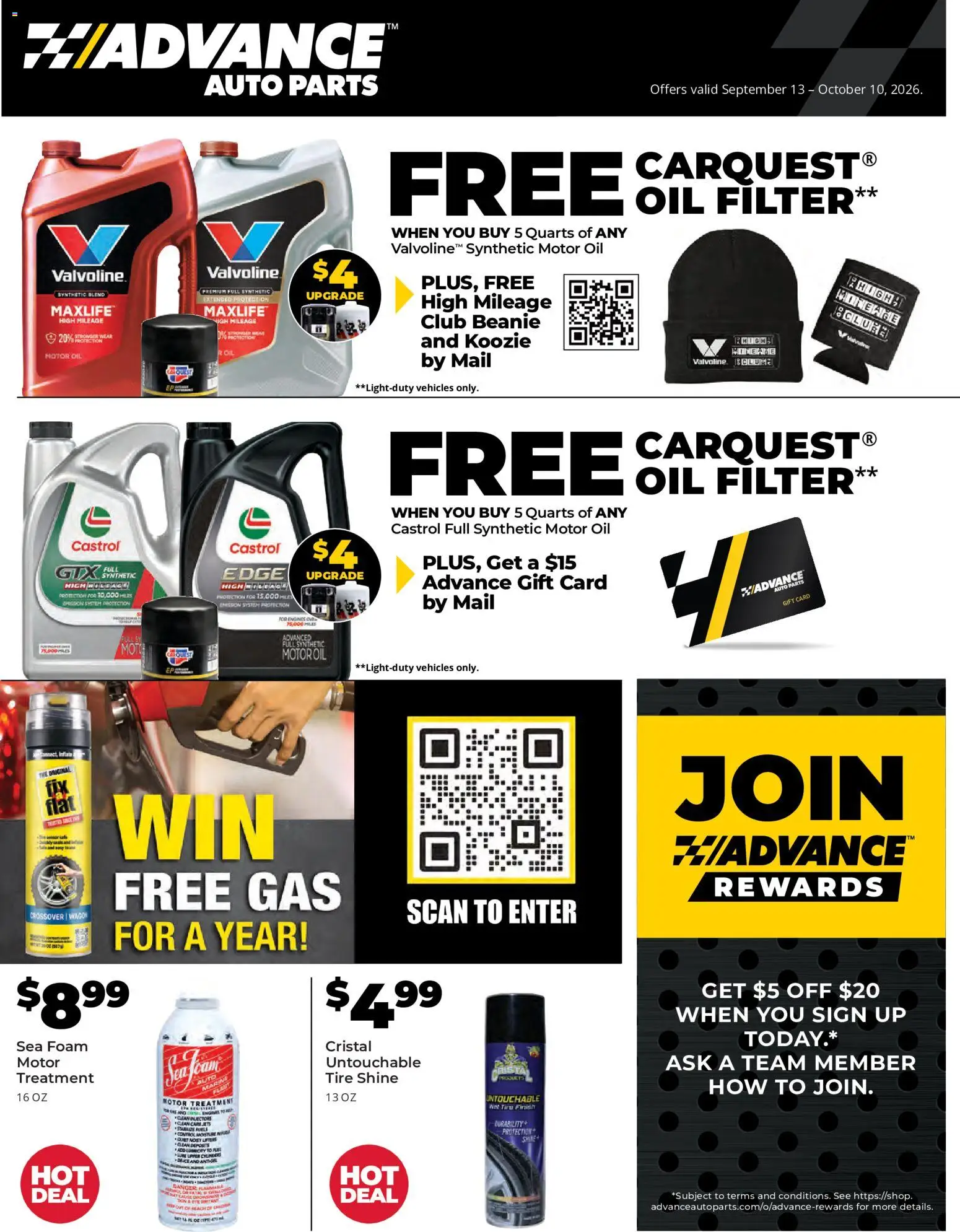 Ad Preview of Advance Auto Parts Advance Auto Parts Weekly Ad from 09/13/2026 - Tire, Oil, Oil filter, Foam, Motor Oil