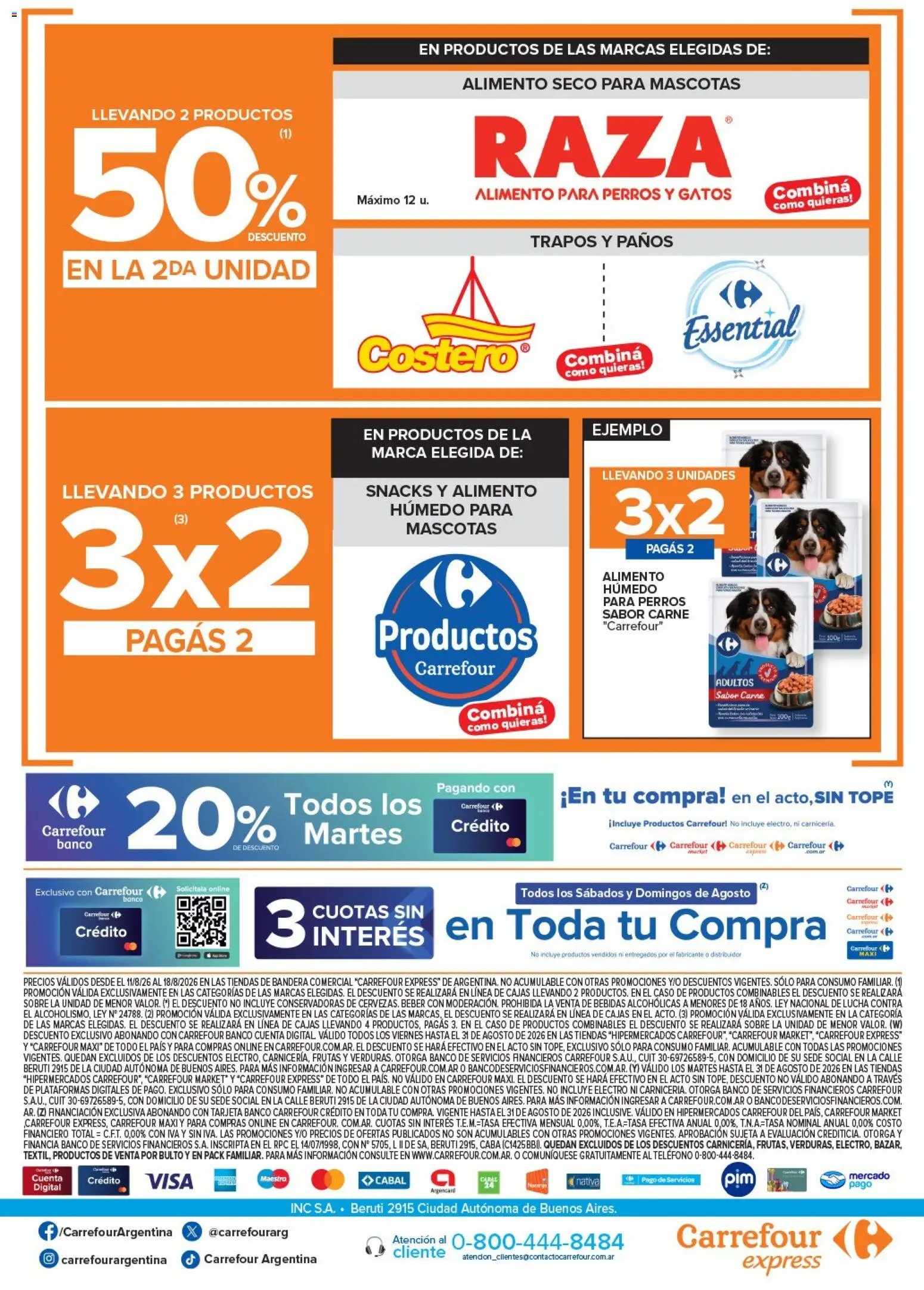 Vista previa del folleto de la tienda Carrefour válido desde el 11/08/2026 - Teléfono, Bebidas, Carne, Alimento para perros, Snacks, Sobre