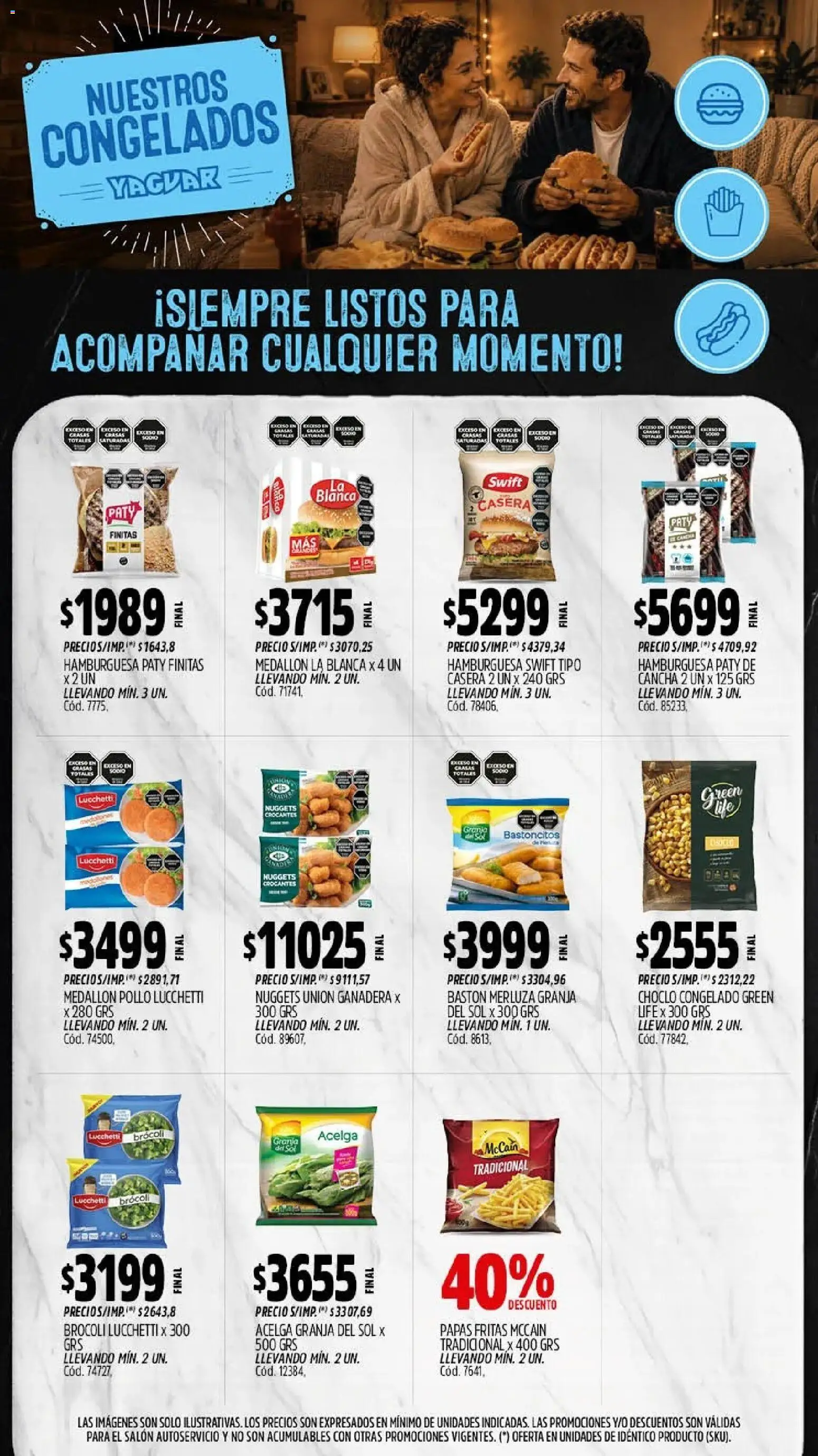 Vista previa del folleto de la tienda Yaguar válido desde el 28/09/2026 - Hamburguesa, Papas, Pollo, Papas fritas, Brocoli, Acelga, Choclo