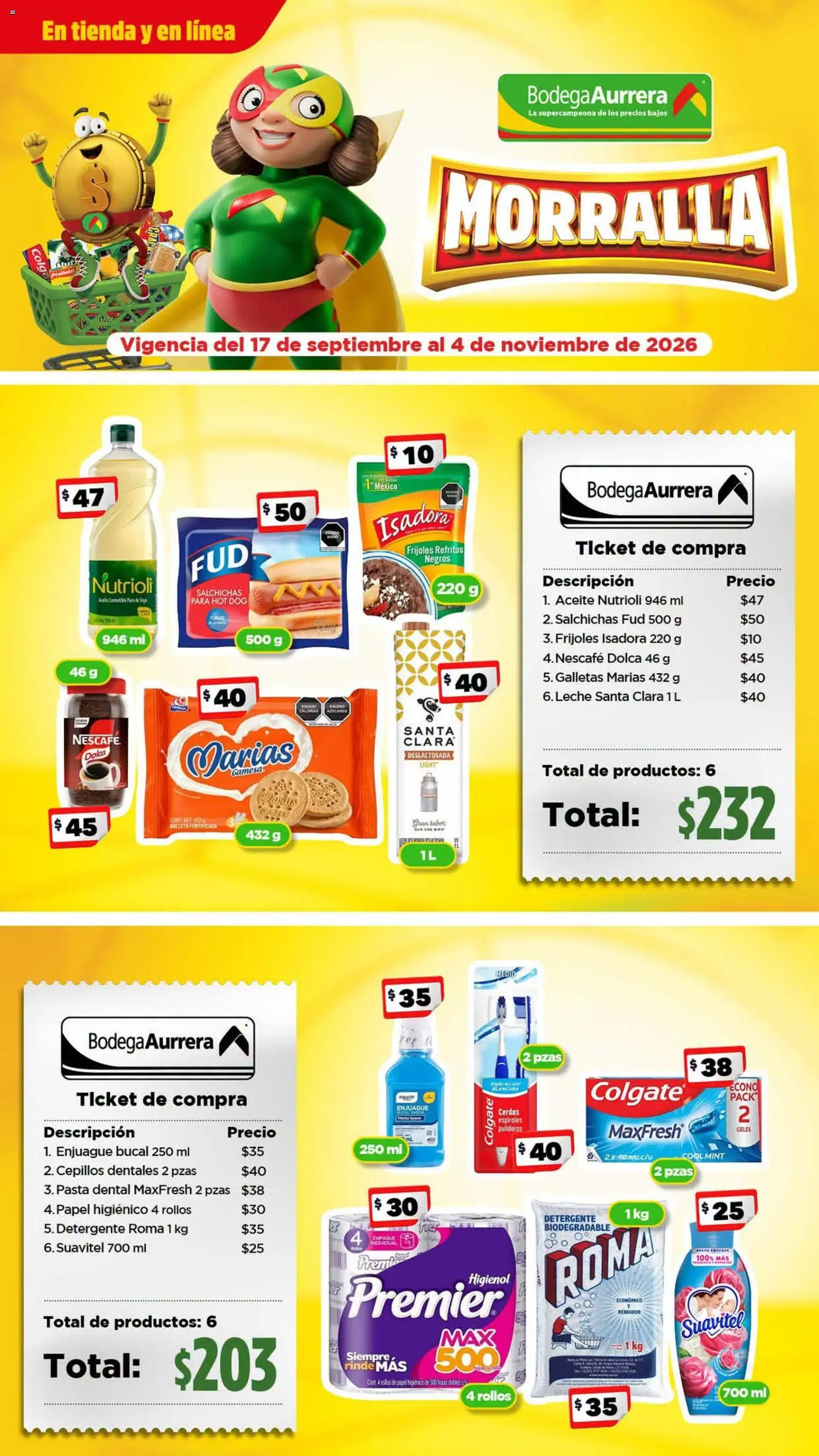 Vista previa las ofertas de la tienda Bodega Aurrerá - Bodega Aurrerá folleto Morralla desde el 17/09/2026 - Leche, Pasta, Frijoles, Aceite, Enjuague bucal, Detergente, Pasta dental, Salchichas