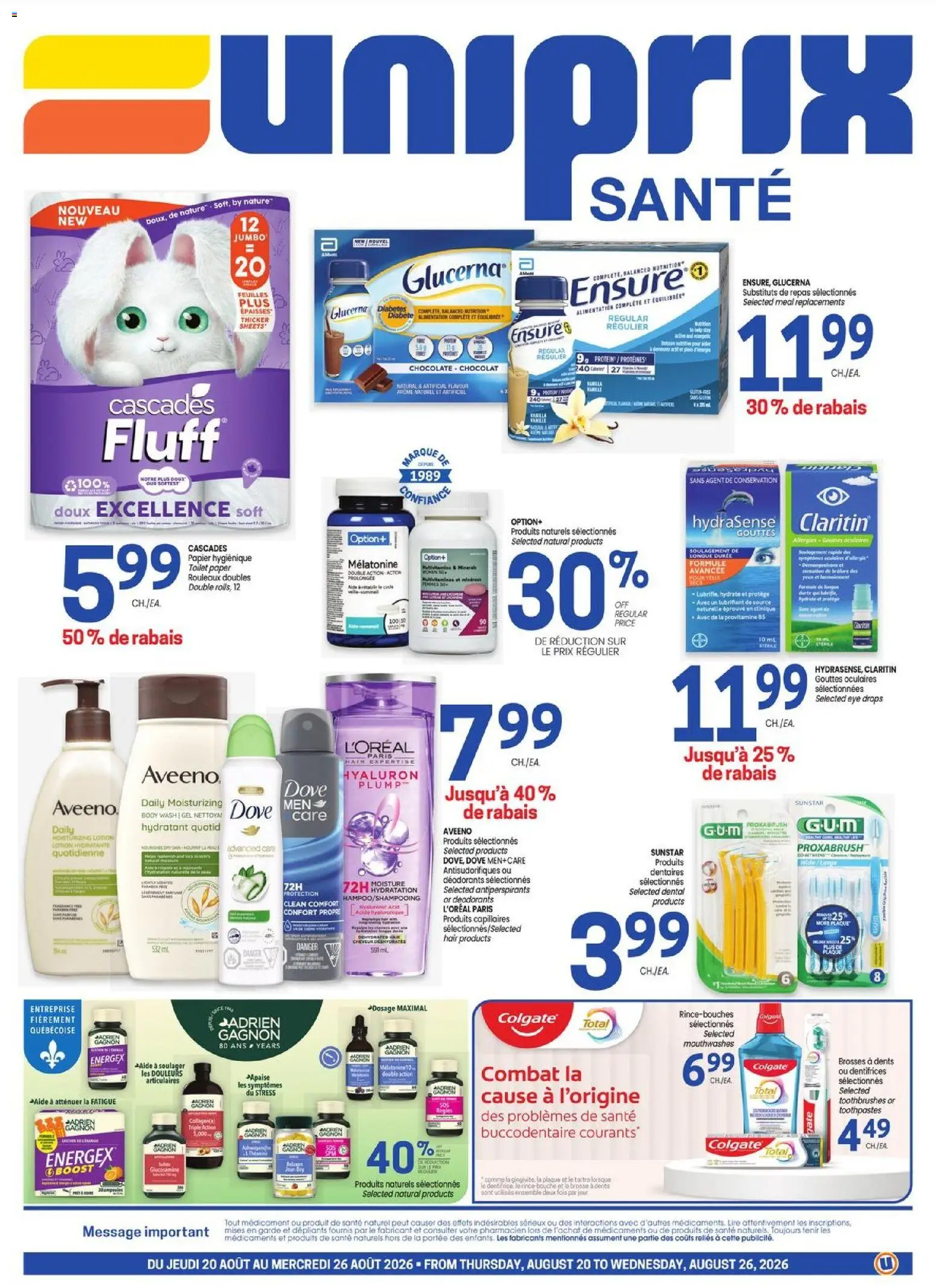Preview of leaflet Uniprix - Uniprix Sante from shop Uniprix is valid from Aug 20, 2026 - Chocolate, Protein, Toilet paper, Eye drops, Body wash