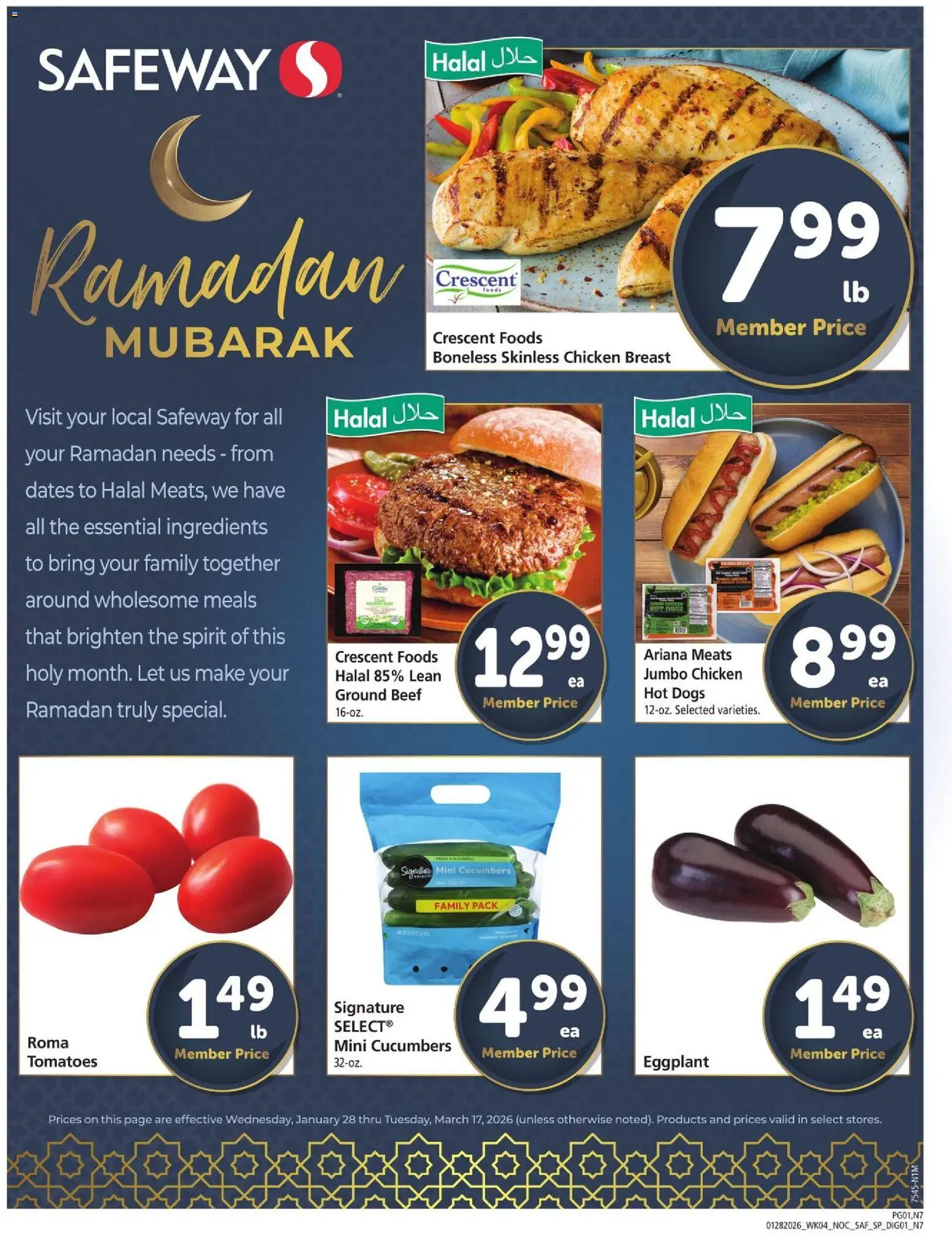 Ad Preview of Safeway Ramadan Ad from 01/28/2026 - Hot Dogs, Tomatoes, Cucumbers, Beef, Eggplant, Ground beef, Chicken