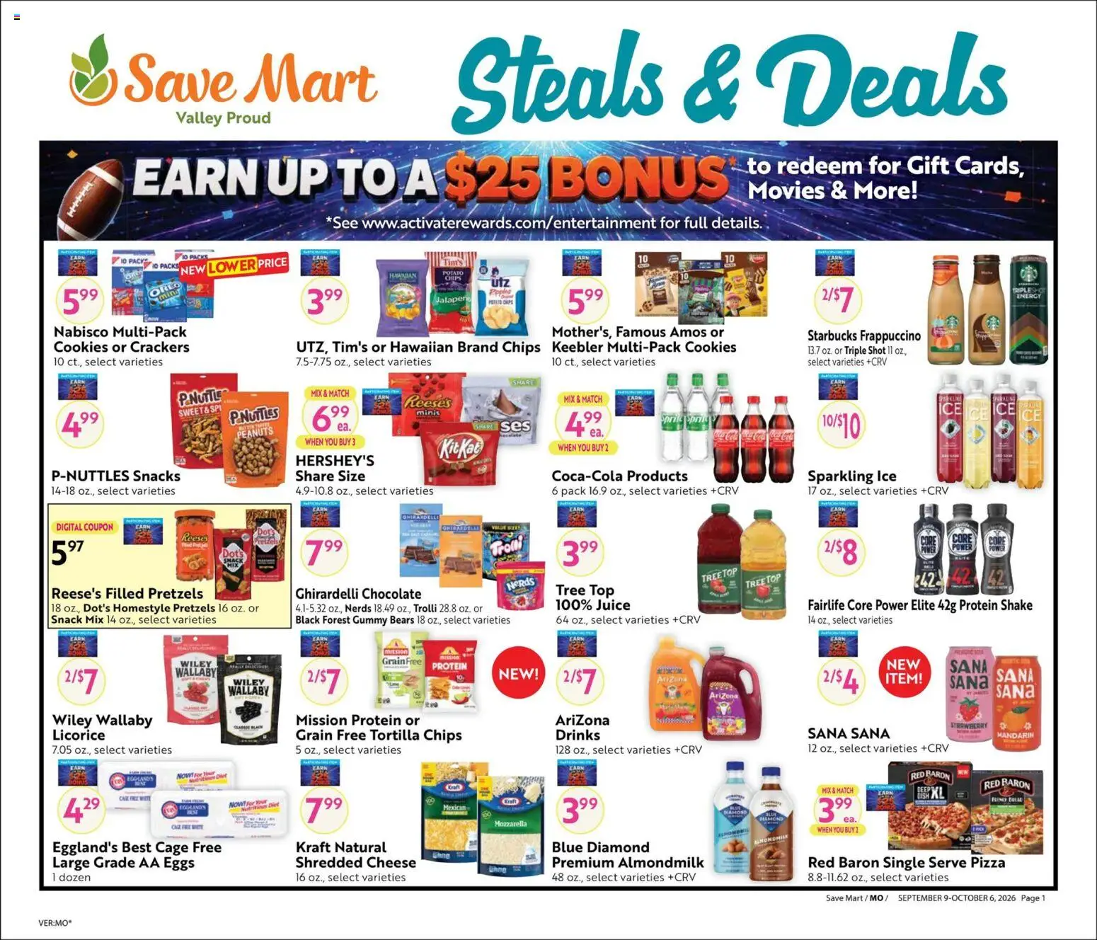Ad Preview of Save Mart Save Mart Online Savings Guide from 09/09/2026 - Pizza, Chocolate, Ice, Snacks, Juice, Protein, Mozzarella, Tortilla chips