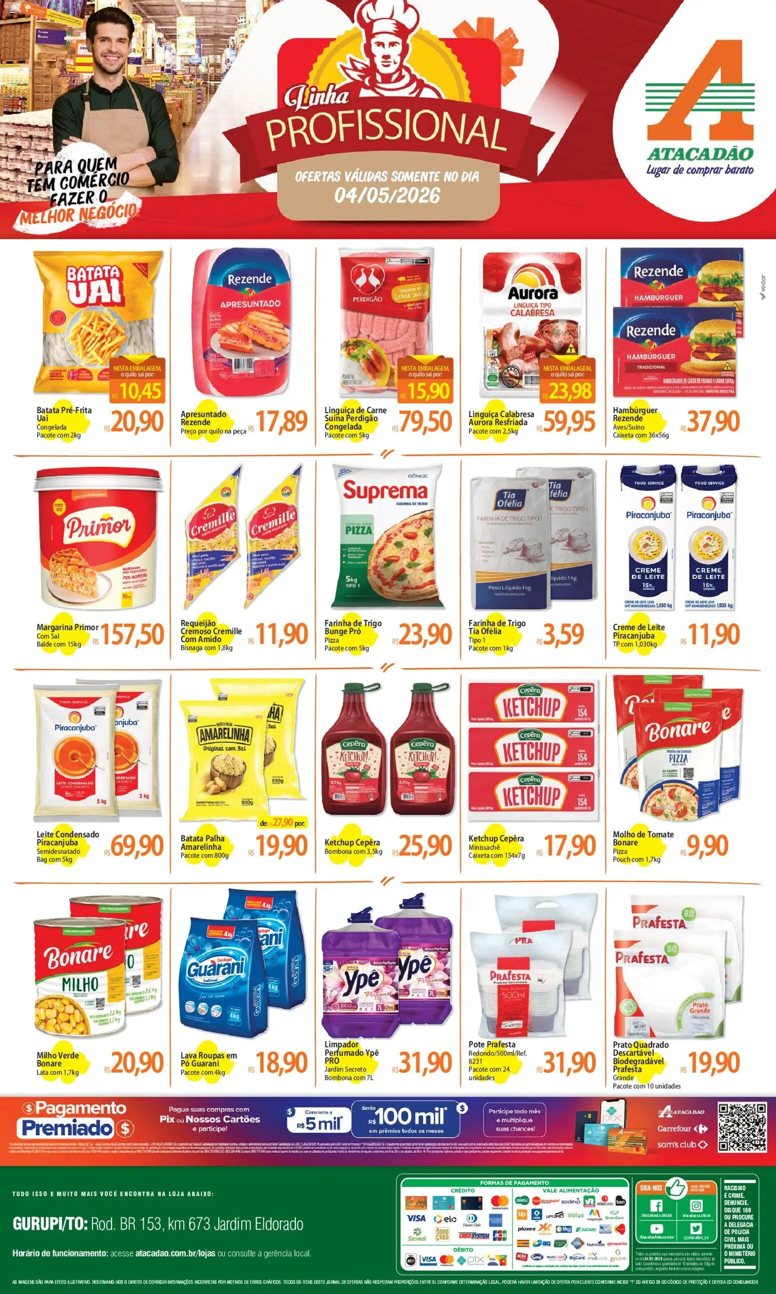 Pré-Visualização do folheto "Atacadão ofertas - TO" da loja Atacadão válido a partir de 04/05/2026 - Pizza, Leite condensado, Chia, Carne, Requeijão, Farinha, Margarina primor, Carne de frango