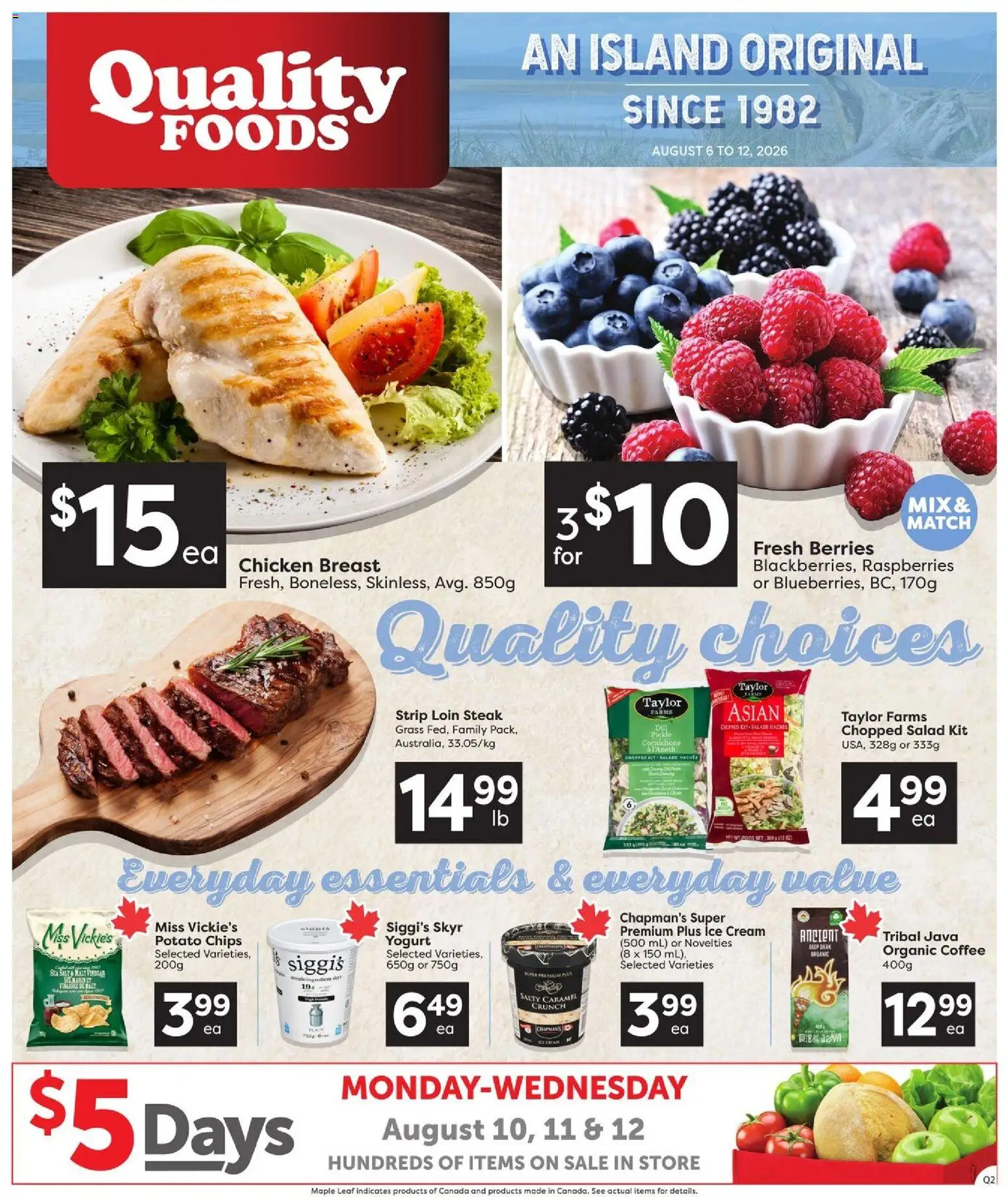 Preview of leaflet Quality Foods weekly flyer / circulaire from shop Quality Foods is valid from Aug 06, 2026 - Ice cream, Steak, Salad, Chips, Raspberries, Salt, Cream, Skyr