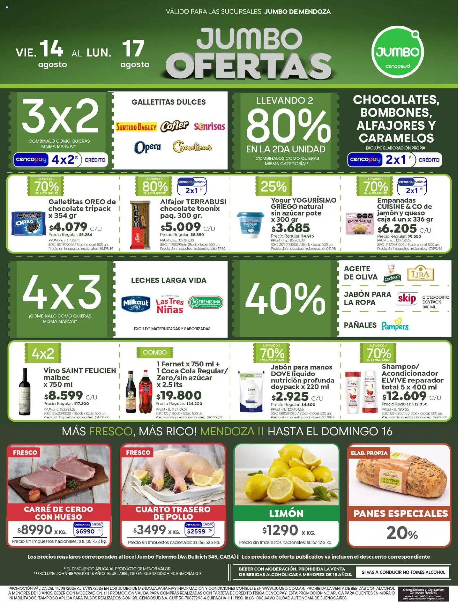 Vista previa del folleto de la tienda Jumbo válido desde el 13/08/2026 - Fernet, Pollo, Bebidas, Galletitas, Caja, Limón, Oliva, Jamón