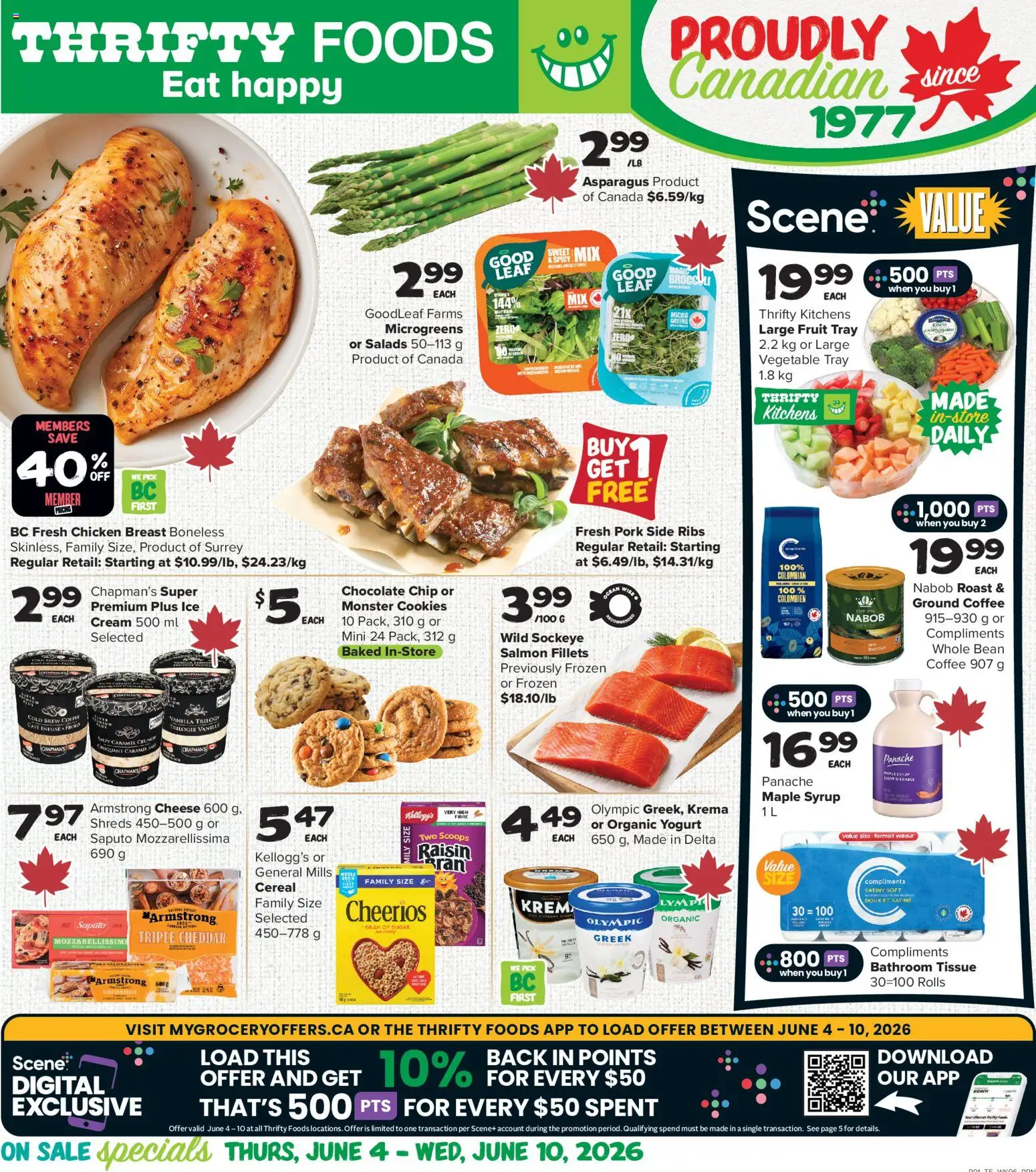 Preview of leaflet Thrifty Foods weekly flyer / circulaire from shop Thrifty Foods is valid from Jun 04, 2026 - Cookies, Chocolate, Maple syrup, Asparagus, Sugar, Cream, Syrup, Ground coffee