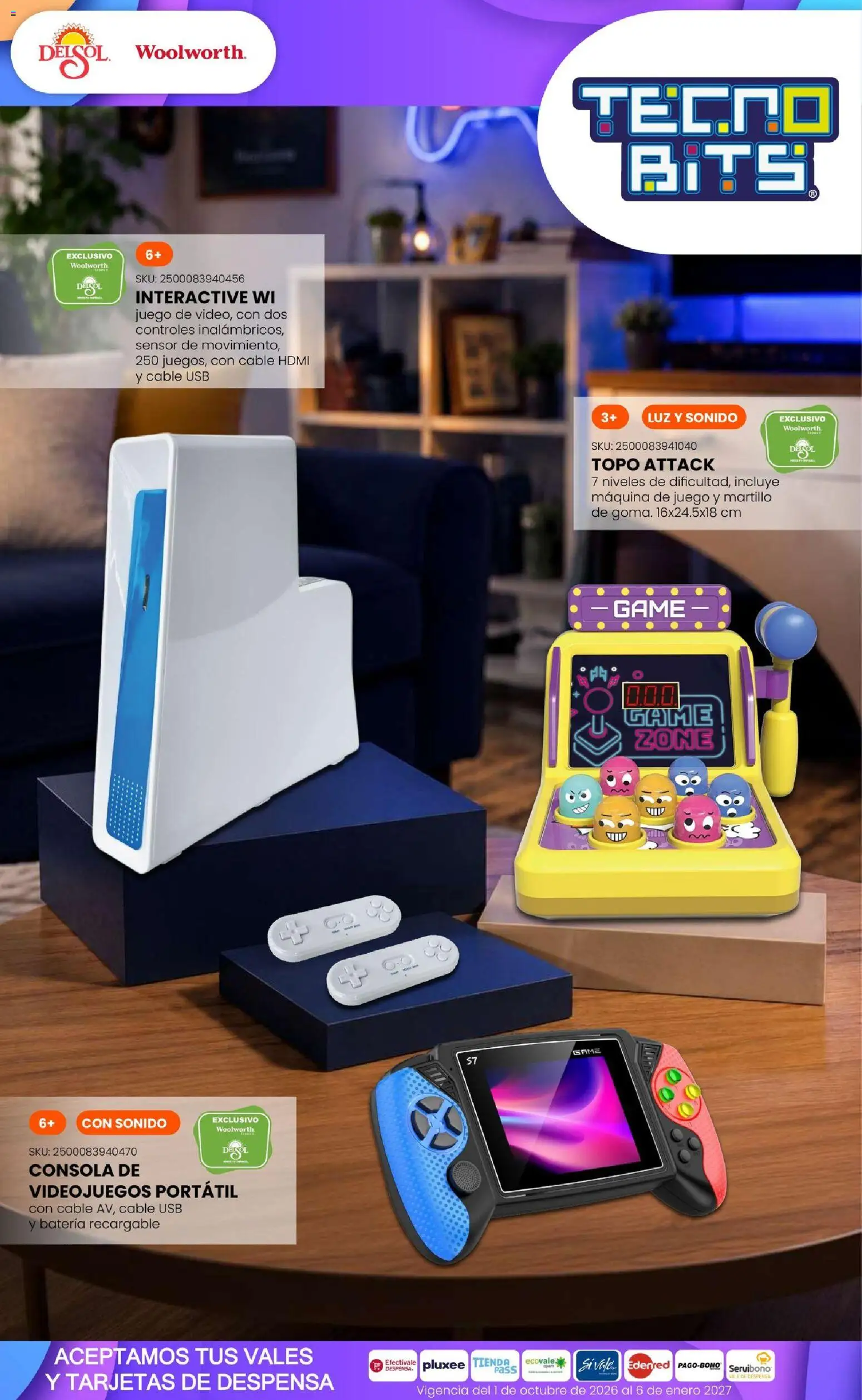 Vista previa las ofertas de la tienda Del Sol y Woolworth - Del Sol y Woolworth catálogo El Castillo del Juguete desde el 01/10/2026 - Juego, Batería, Usb, Cable HDMI, Martillo, Cable, Despensa, Cable USB