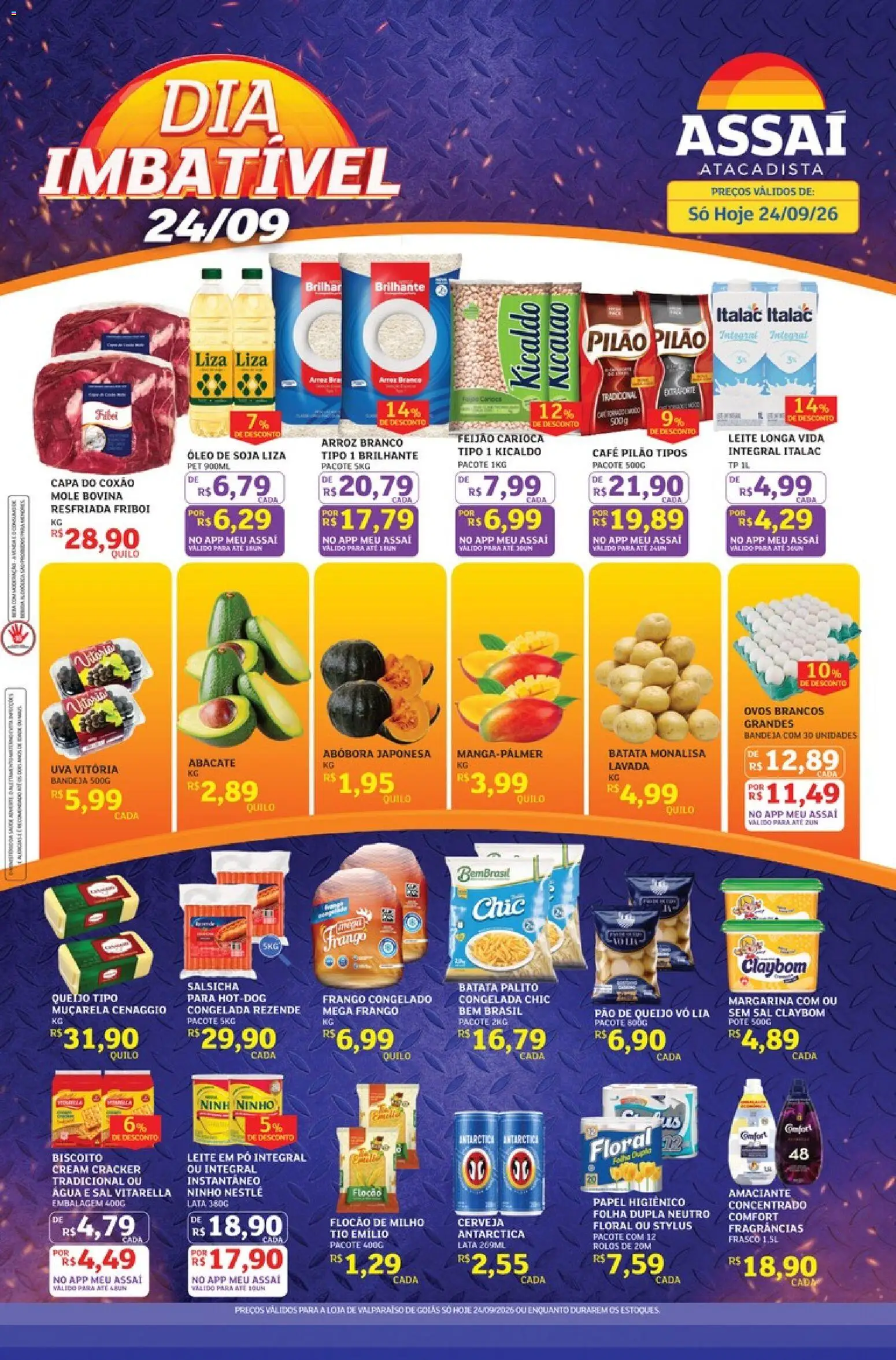 Pré-Visualização do folheto "Assaí Atacadista ofertas - GO" da loja Assaí Atacadista válido a partir de 24/09/2026 - Cerveja, Água, Salsicha, Ovos, Arroz, Soja, Cream cracker, Muçarela