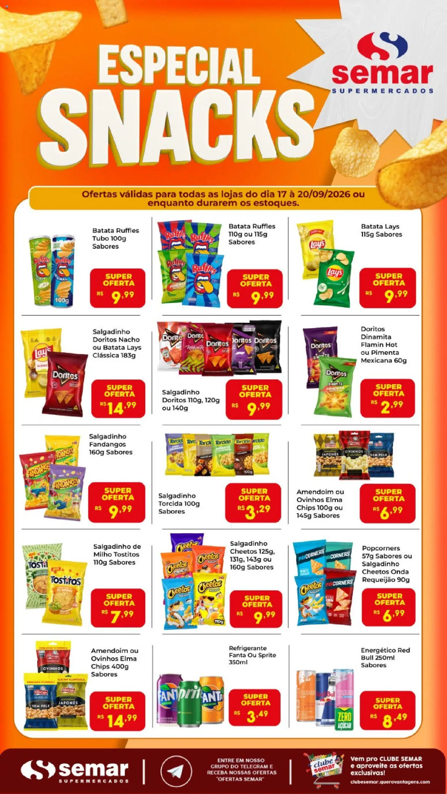 Pré-Visualização do folheto "Semar Supermercado ofertas Snacks" da loja Semar Supermercado válido a partir de 17/09/2026 - Amendoim, Batata, Refrigerante, Milho, Pimenta, Energético, Requeijão, Fanta