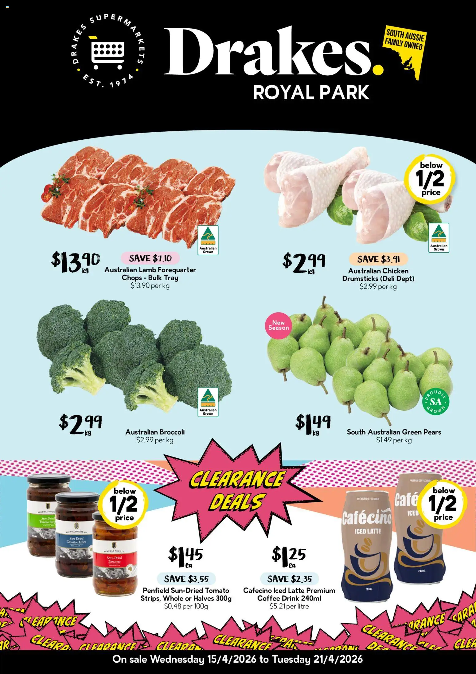 Preview of catalogue Drakes catalogue Royal Park from shop Drakes valid 15/04/2026 - Broccoli, Coffee, Chicken, Lamb, Tomatoes, Tomato, Drumsticks, Pears
