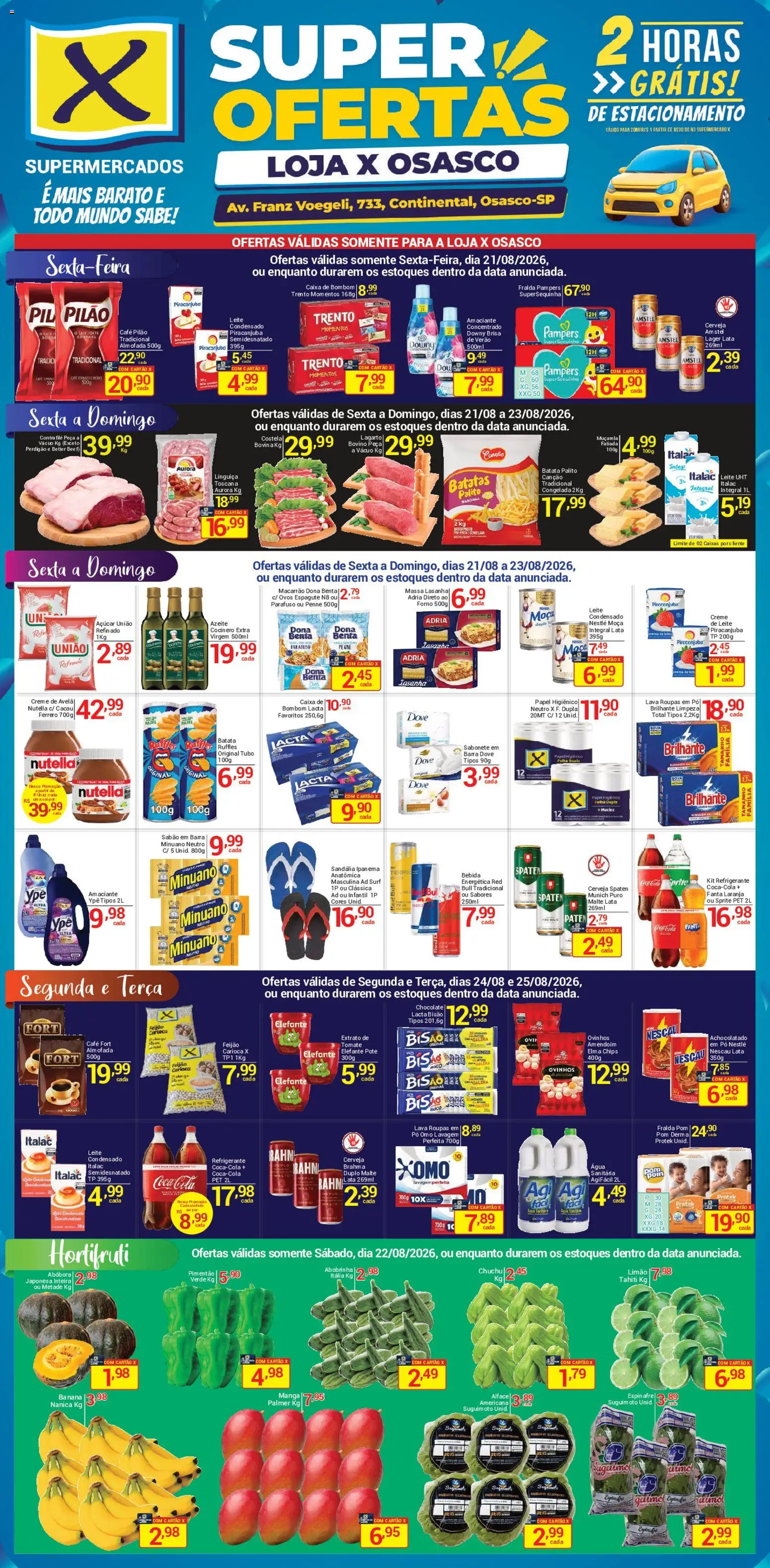 Pré-Visualização do folheto "X Supermercados - Ofertas da semana" da loja X Supermercados válido a partir de 21/08/2026 - Café, Cerveja, Batatas, Bombom, Dove, Pó, Achocolatado, Muçarela