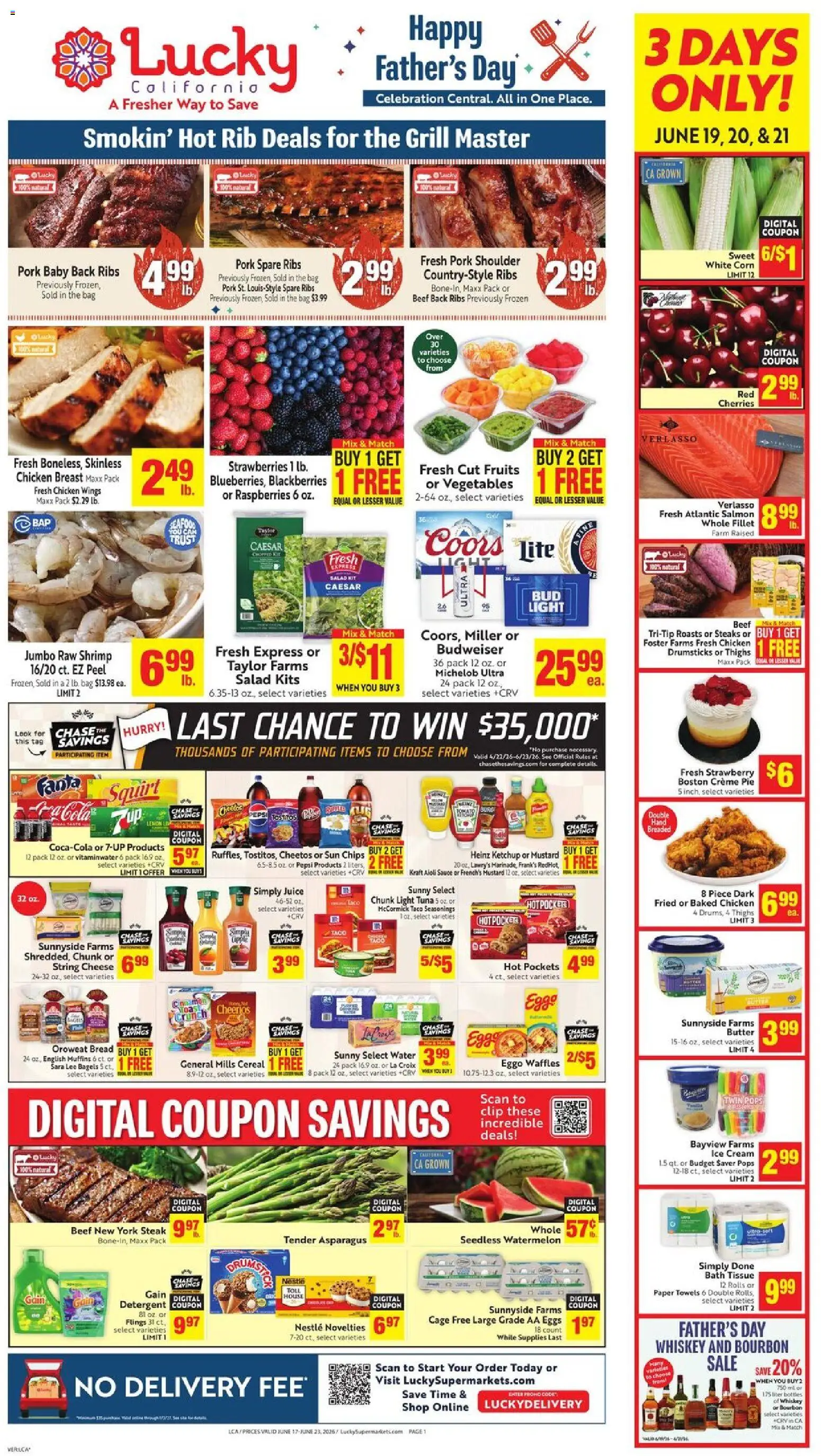 Ad Preview of Lucky Supermarkets Lucky Supermarkets Weekly - CA from 06/17/2026 - Waffles, Water, Grill, Cherries, Corn, Pork, Mustard, Fanta