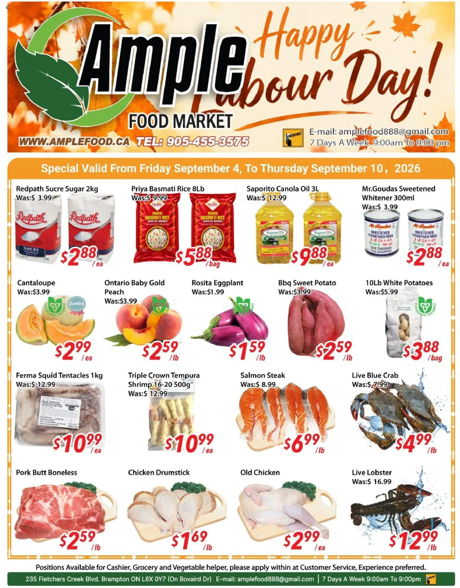 Preview of leaflet Ample Food Market weekly flyer Brampton from shop Ample Food Market is valid from Sep 04, 2026 - Salmon, Potatoes, Shrimp, Bag, Rice, Eggplant, Pork, Basmati rice