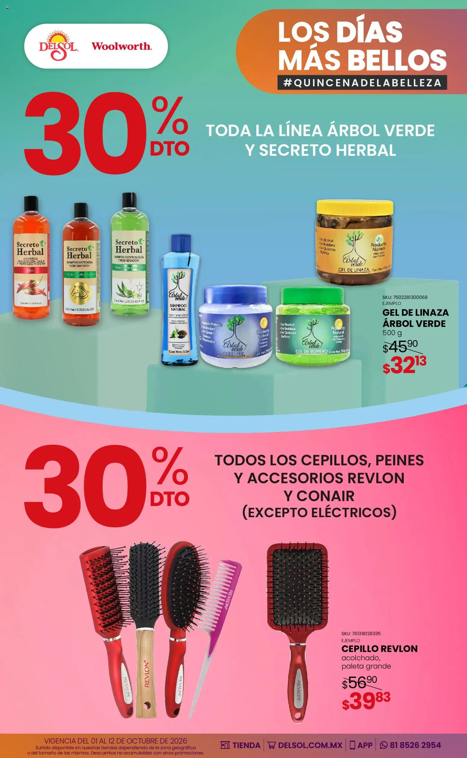 Vista previa las ofertas de la tienda Del Sol y Woolworth - Del Sol y Woolworth catálogo Los días más bellos - Quincena Belleza desde el 01/10/2026 - Shampoo, Chile, Alcohol, Paleta, Cepillo, Cera