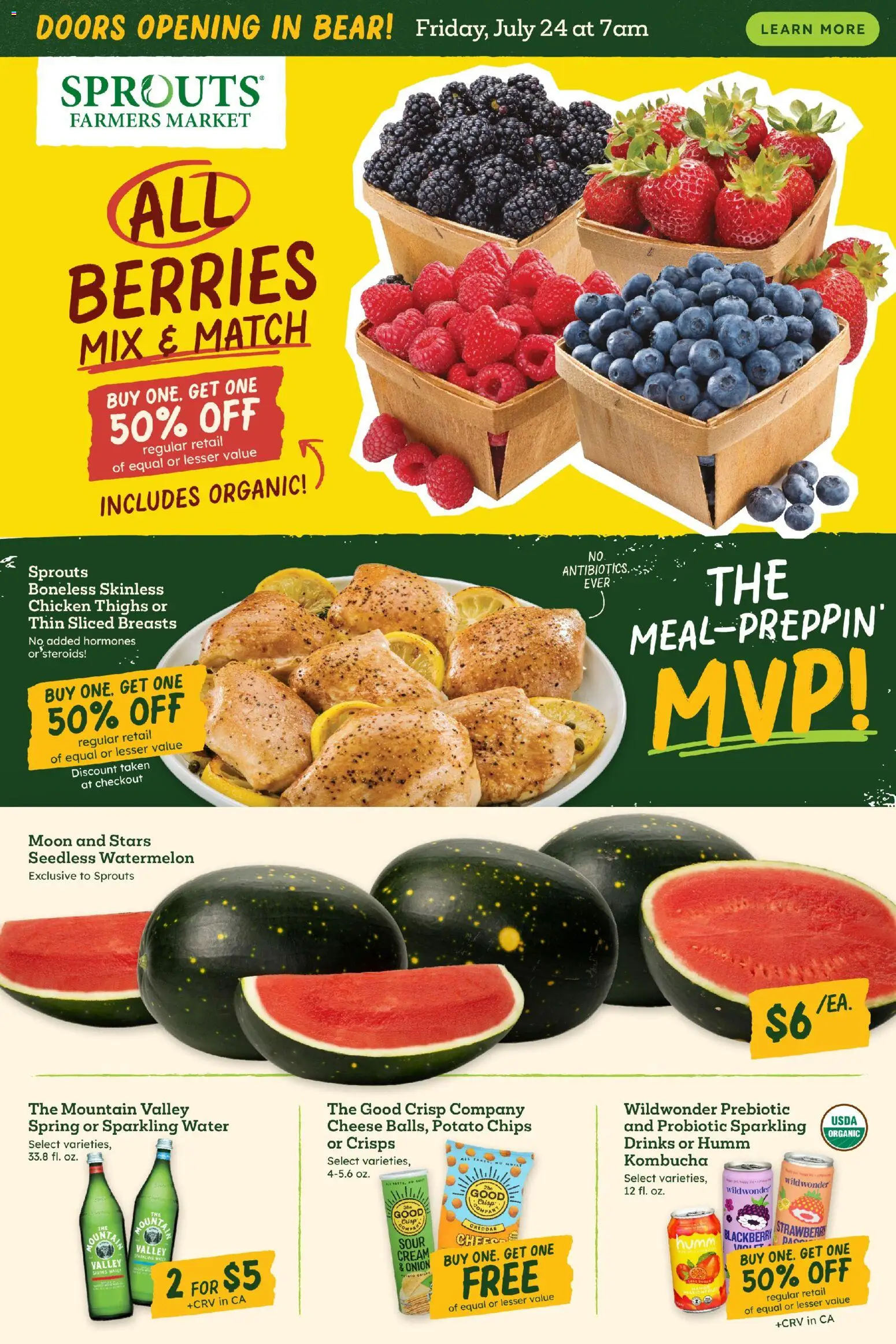 Ad Preview of Sprouts Sprouts Weekly Ad from 07/22/2026 - Water, Chips, Cheese, Doors, Onion, Cream, Potato chips, Chicken