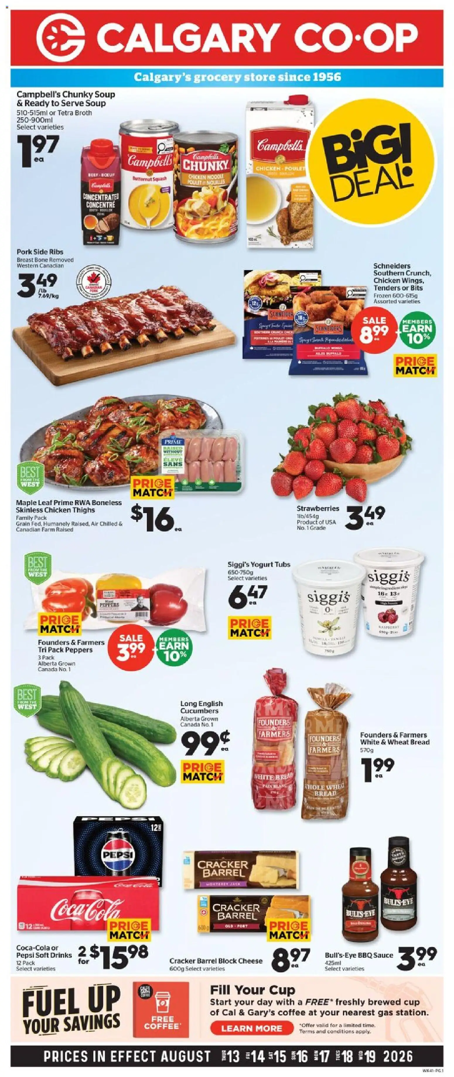 Preview of leaflet Calgary Co-op weekly flyer / circulaire from shop Calgary Co-op is valid from Aug 13, 2026 - Coffee, Chicken, Cheese, Yogurt, Pepsi, Beef, Chicken thighs, Broth