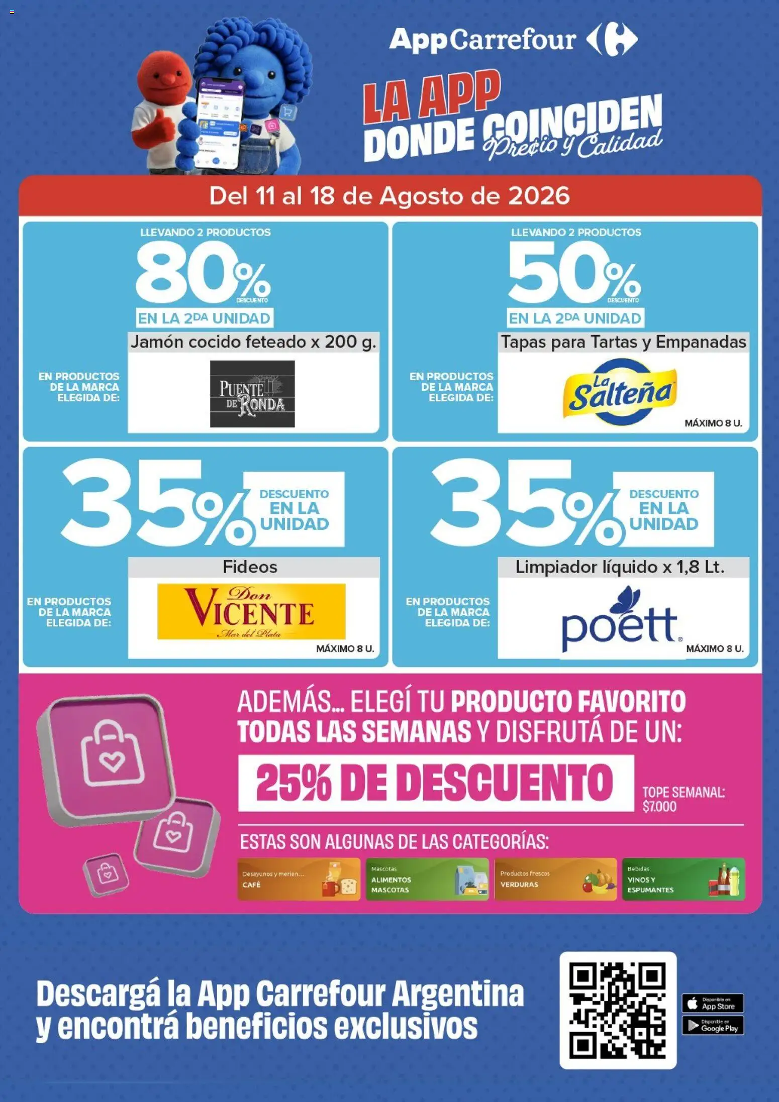 Vista previa del folleto de la tienda Carrefour válido desde el 11/08/2026 - Café, Bebidas, Verduras, Fideos, Alimentos, Jamón cocido, Jamón, Limpiador