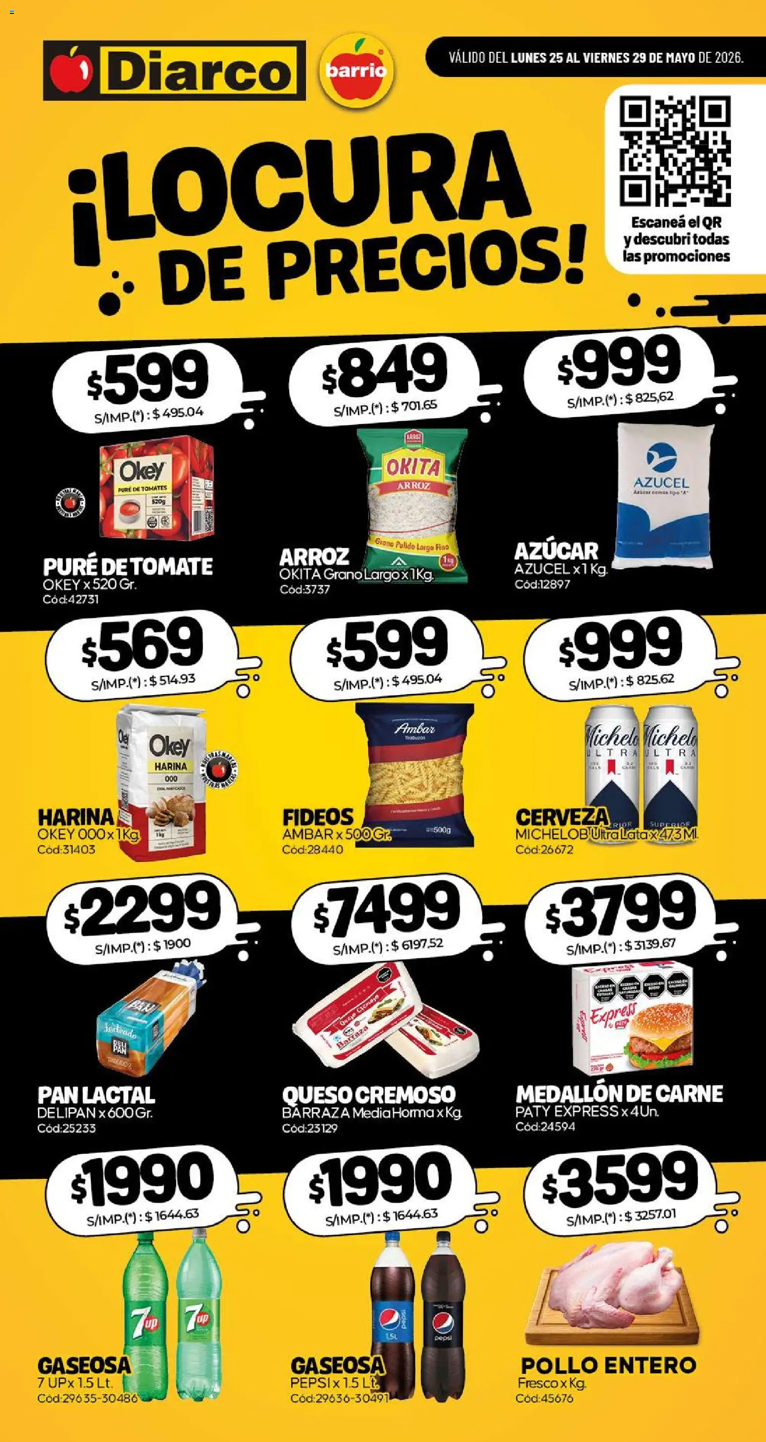 Vista previa del folleto de la tienda Diarco válido desde el 25/05/2026 - Queso, Pan, Tomates, Pepsi, Azucar, Harina, Fideos, Pure de Tomate