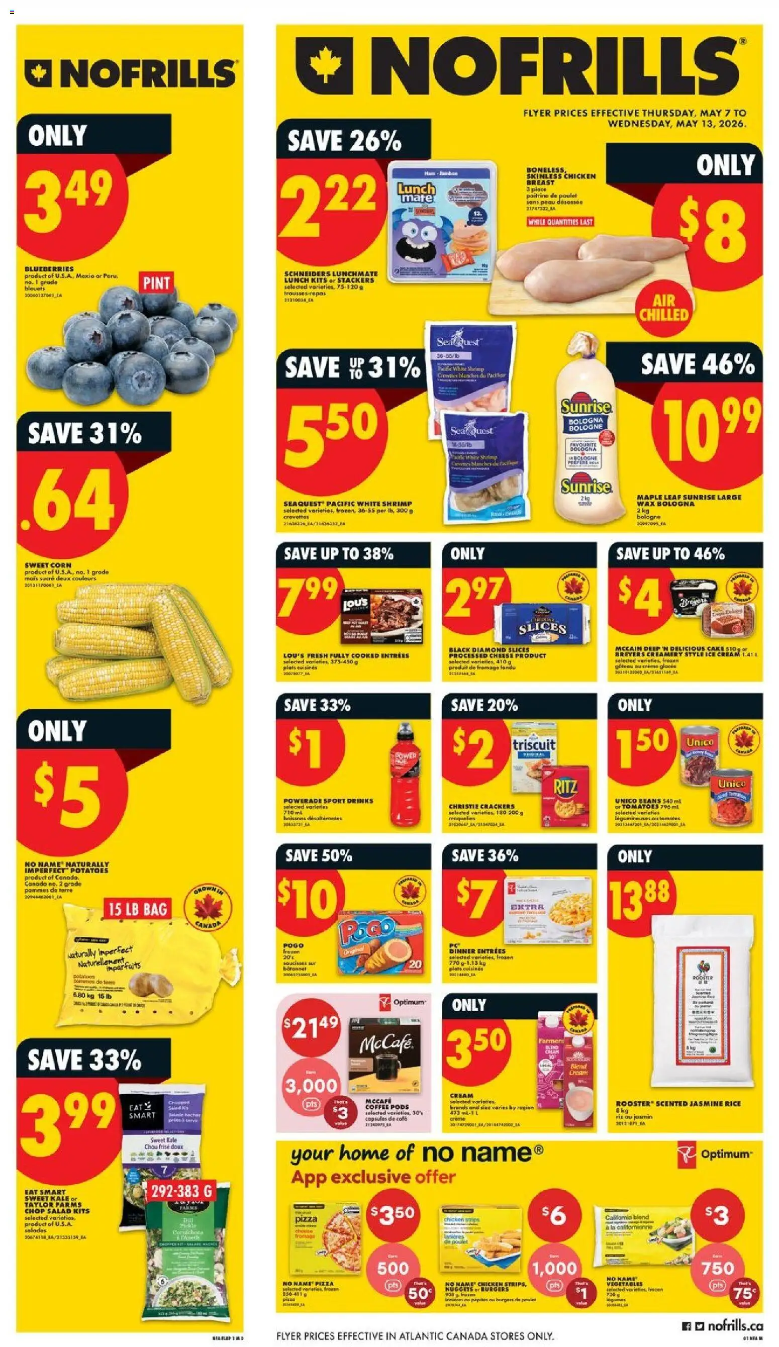 Preview of leaflet No Frills weekly flyer - NS from shop No Frills is valid from May 07, 2026 - Coffee, Salad, Blueberries, Vegetables, Shrimp, Legumes, Ham, Chicken strips