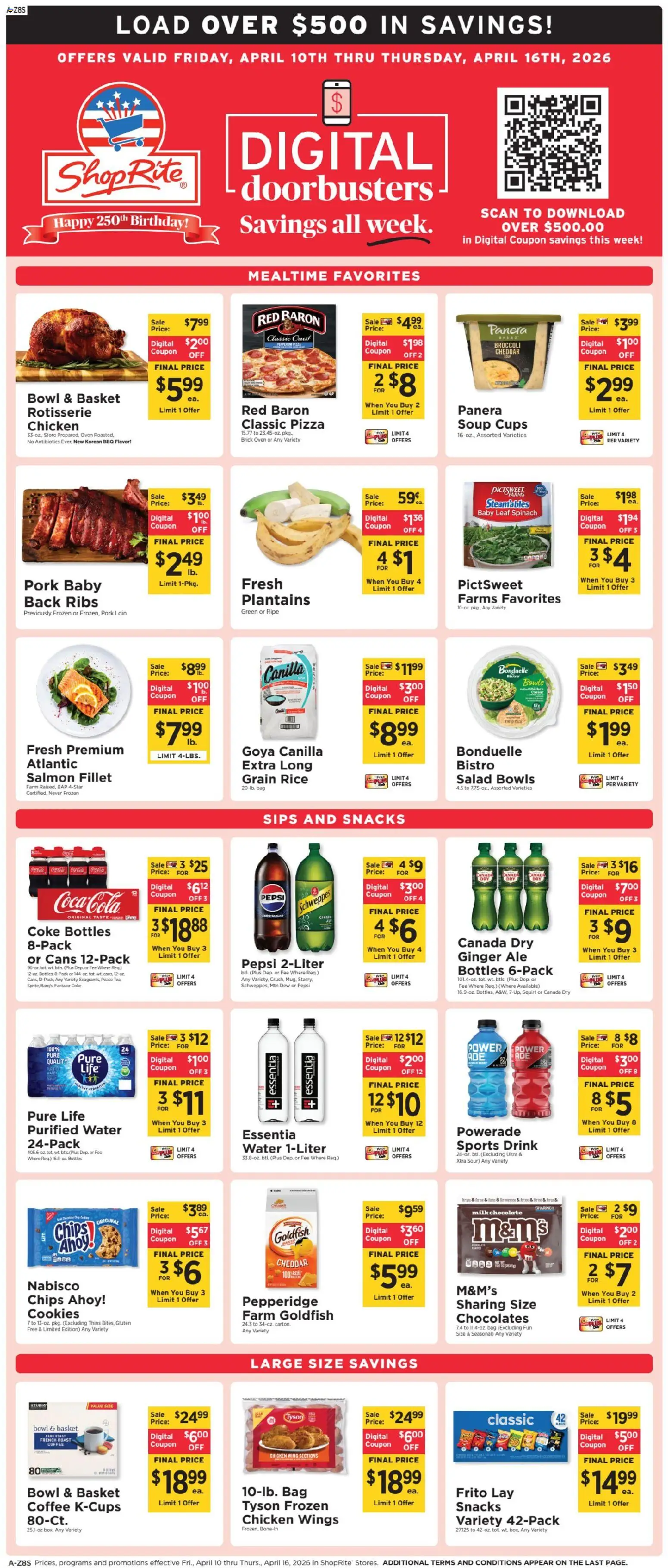 Ad Preview of ShopRite ShopRite Weekly Ad from 04/10/2026 - Pizza, Cookies, Salad, Milk, Spinach, Basket, Fanta, Sports drink