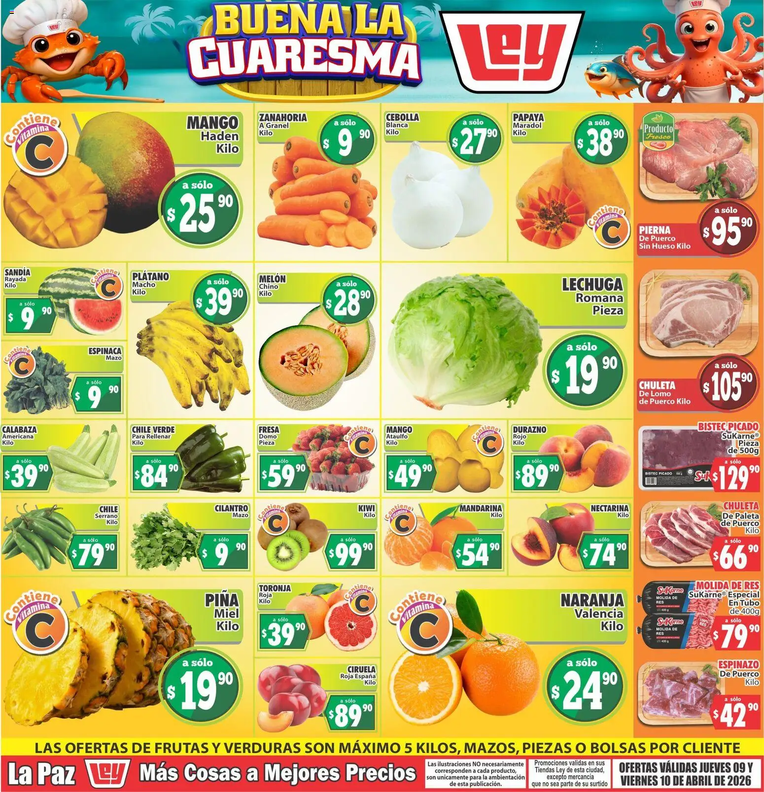 Vista previa las ofertas de la tienda Casa Ley - Casa Ley folleto Las ofertas de frutas y verdunas La Paz desde el 09/04/2026 - Mango, Sandía, Zanahoria, Lechuga, Paleta, Miel, Res, Melón