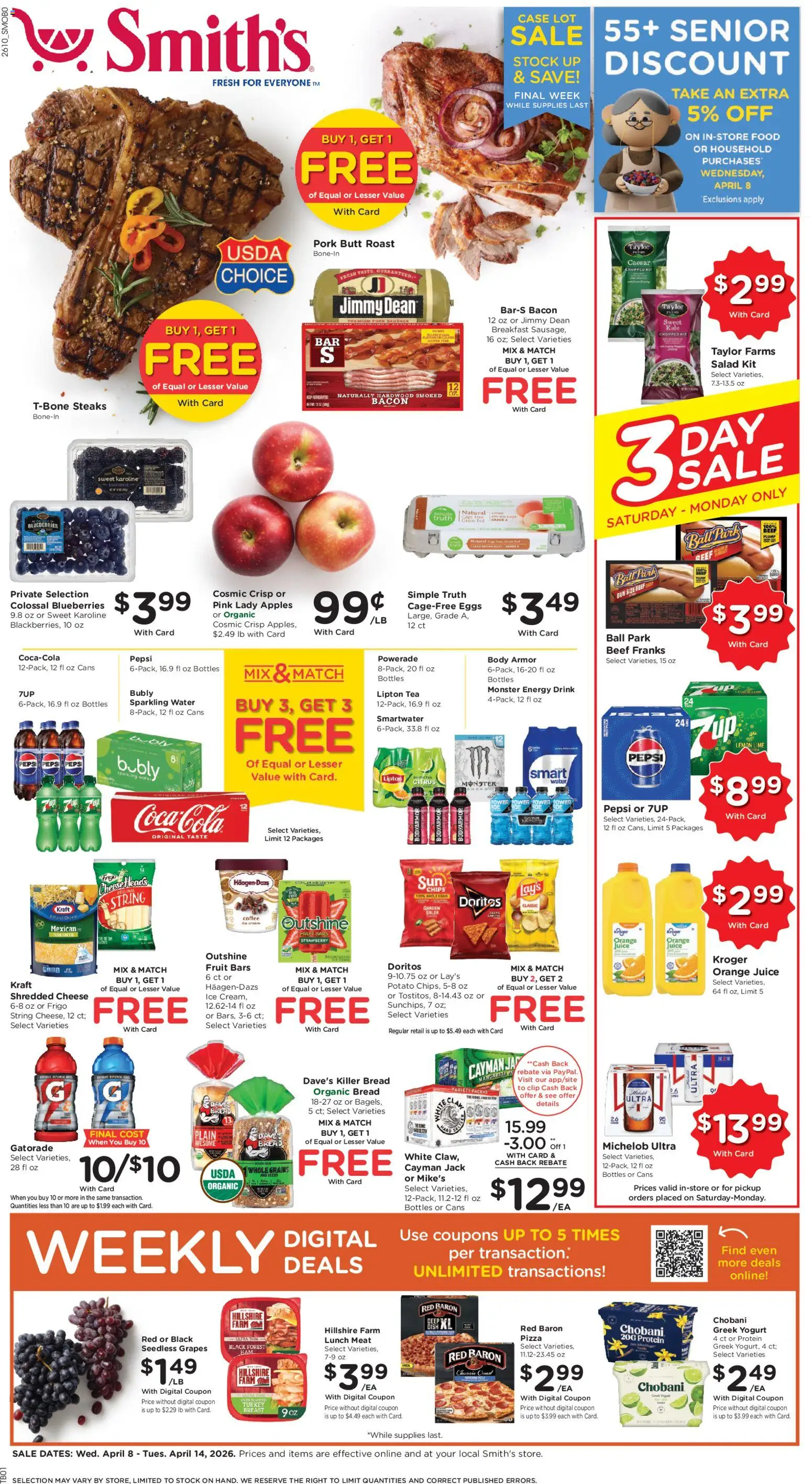 Ad Preview of Smith's Smith's Weekly Ad - ID from 04/08/2026 - Salad, Bread, Juice, Grapes, Energy drink, Kale, Pork, Grains