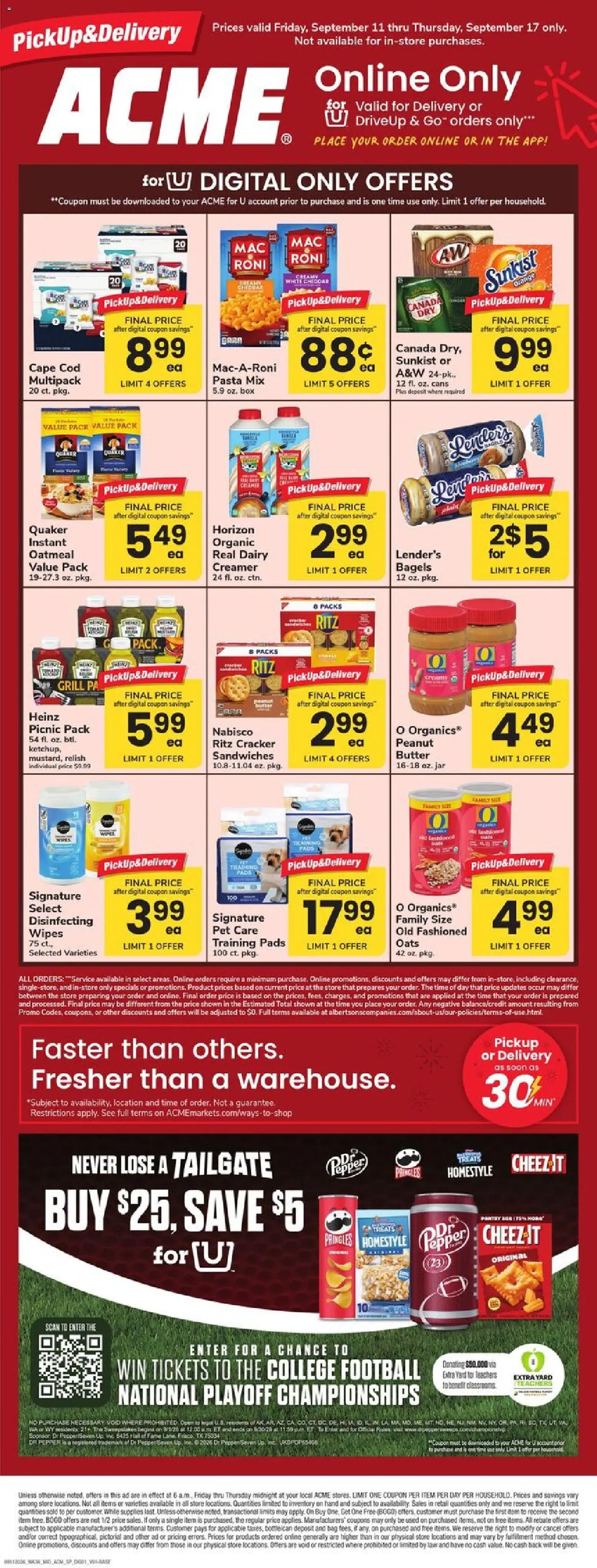 Ad Preview of Acme Acme Specialty Publication from 09/11/2026 - Pasta, Box, Grill, Butter, Pads, Oatmeal, Pepper, Bag