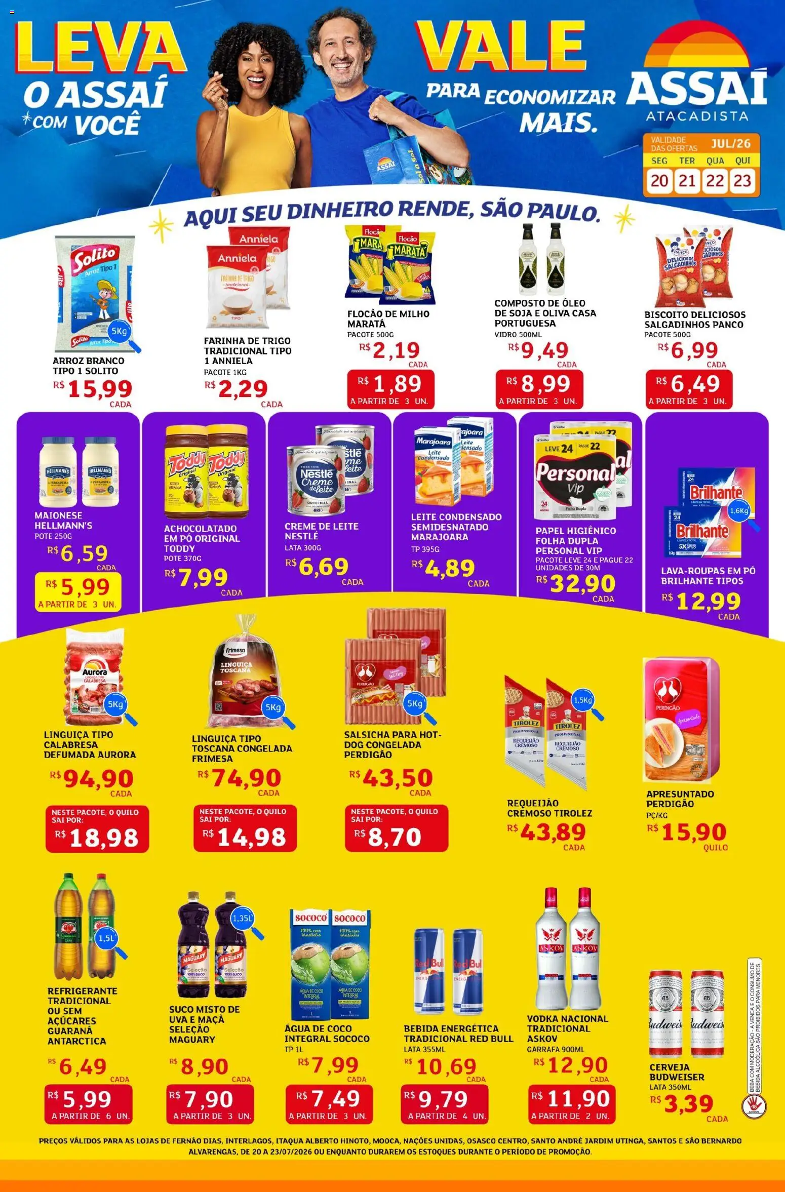 Pré-Visualização do folheto "Assaí Atacadista ofertas - SP" da loja Assaí Atacadista válido a partir de 20/07/2026 - Leite condensado, Bebida, Biscoito, Soja, Creme, Requeijão, Farinha, Guaraná