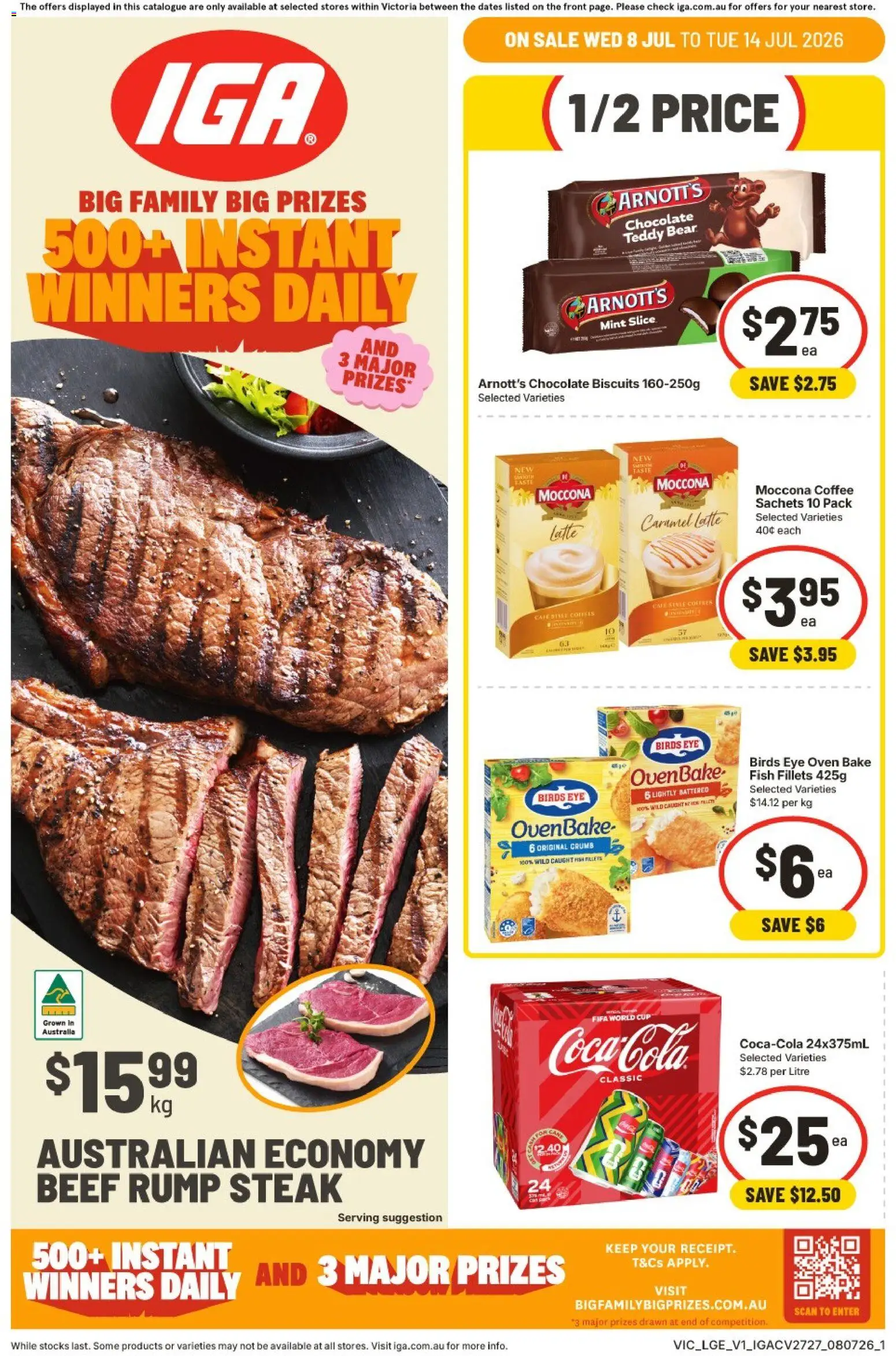 Preview of catalogue IGA catalogue from shop IGA valid 08/07/2026 - Coffee, Chocolate, Fish, Beef, Biscuits, Steak, Moccona, Rump steak