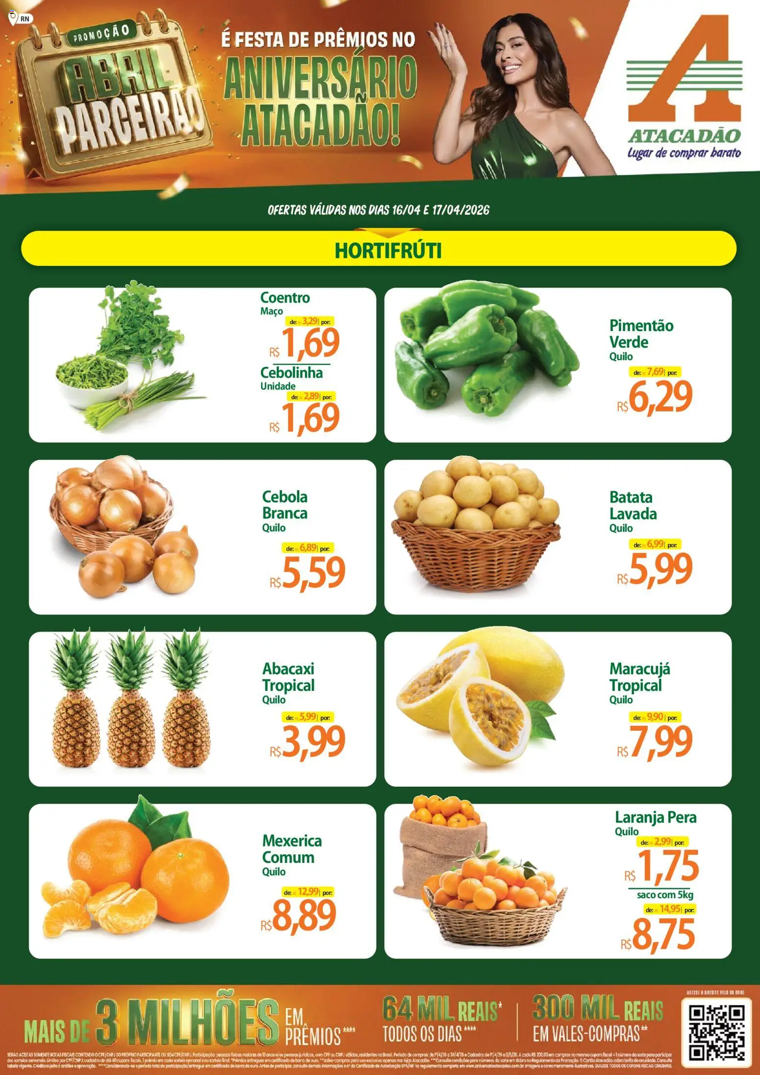 Pré-Visualização do folheto "Atacadão ofertas - RN" da loja Atacadão válido a partir de 16/04/2026 - Abacaxi, Batata, Maracujá, Pera, Mexerica, Cebola, Pimentão