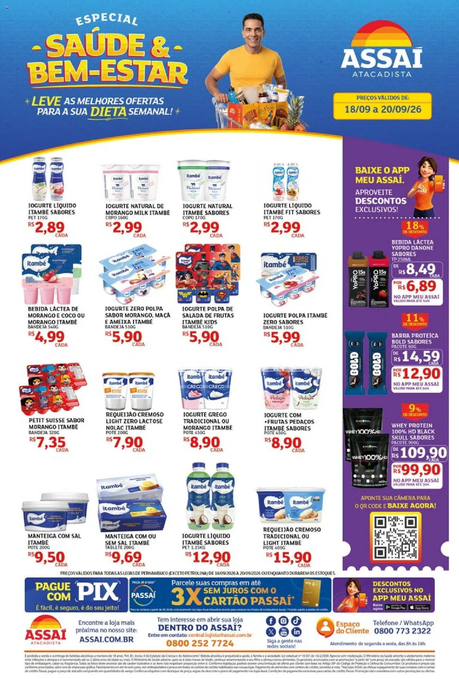 Pré-Visualização do folheto "Assaí Atacadista ofertas - PE" da loja Assaí Atacadista válido a partir de 18/09/2026 - Whey protein, Coco, Telefone, Frutas, Sal, Alimentos, Salada, Bandeja