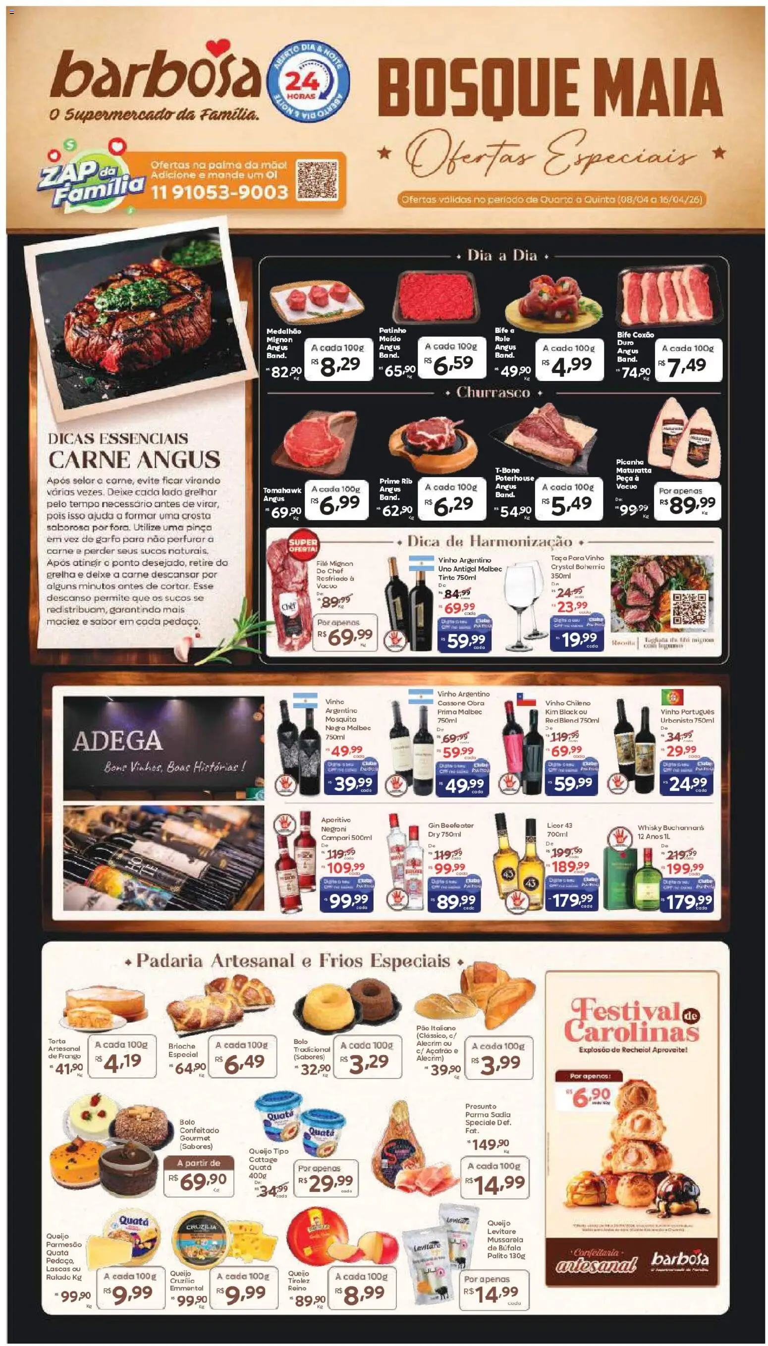 Pré-Visualização do folheto "Barbosa Supermercados ofertas Loja Bosque Maia" da loja Barbosa Supermercados válido a partir de 08/04/2026 - Vinho, Campari, Açafrão, Queijo, Brioche, Filé mignon, Pinça, Parmesão