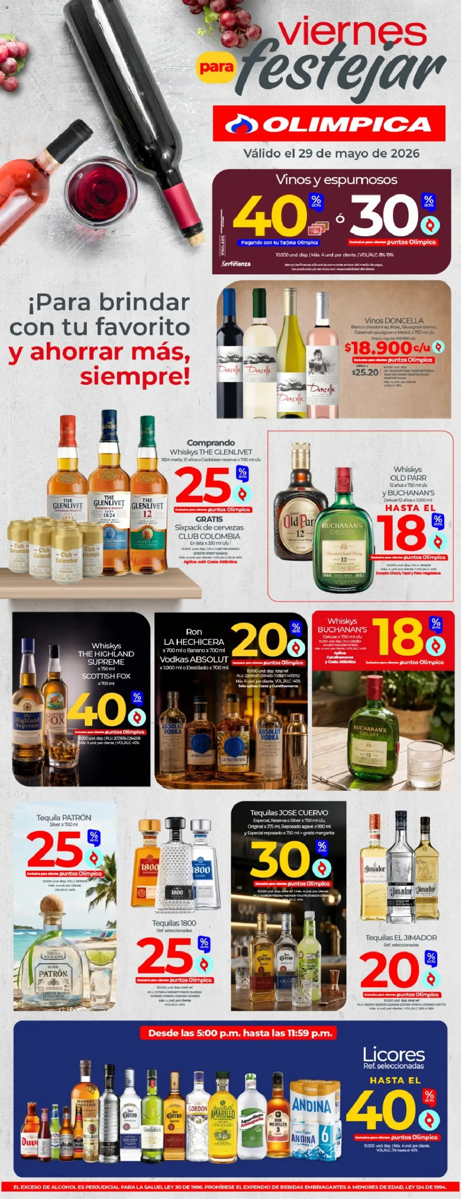  Vista previa del prospecto Olímpica Viernes para festejar del almacen Olímpica válida del 29/05/2026 al 29/05/2026 - Banco, Aguardiente, Tequila, Alcohol, Vodka, Banano, Bebidas, Agave