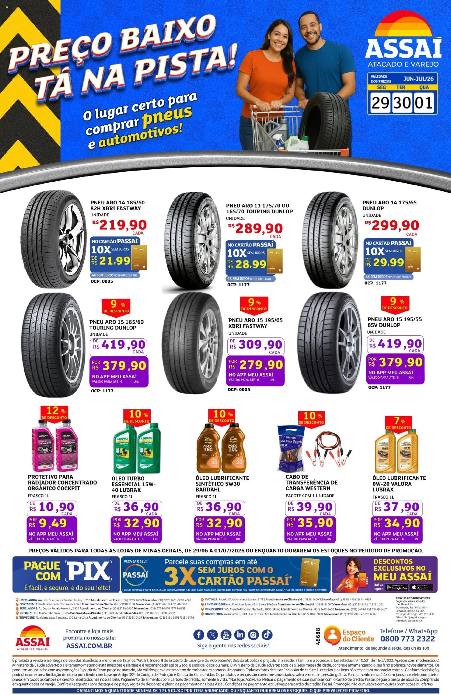 Pré-Visualização do folheto "Assaí Atacadista ofertas - MG" da loja Assaí Atacadista válido a partir de 29/06/2026 - Telefone, Bateria, Pneu, Bebidas, Base, Bebida, Baixo, Cabo