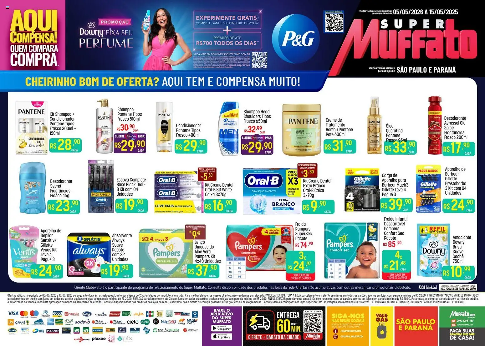 Pré-Visualização do folheto "Super Muffato ofertas P&G" da loja Super Muffato válido a partir de 05/05/2026 - Caixa, Perfume, Fraldas, Pampers, Escova, Aloe Vera, Creme dental, Faca