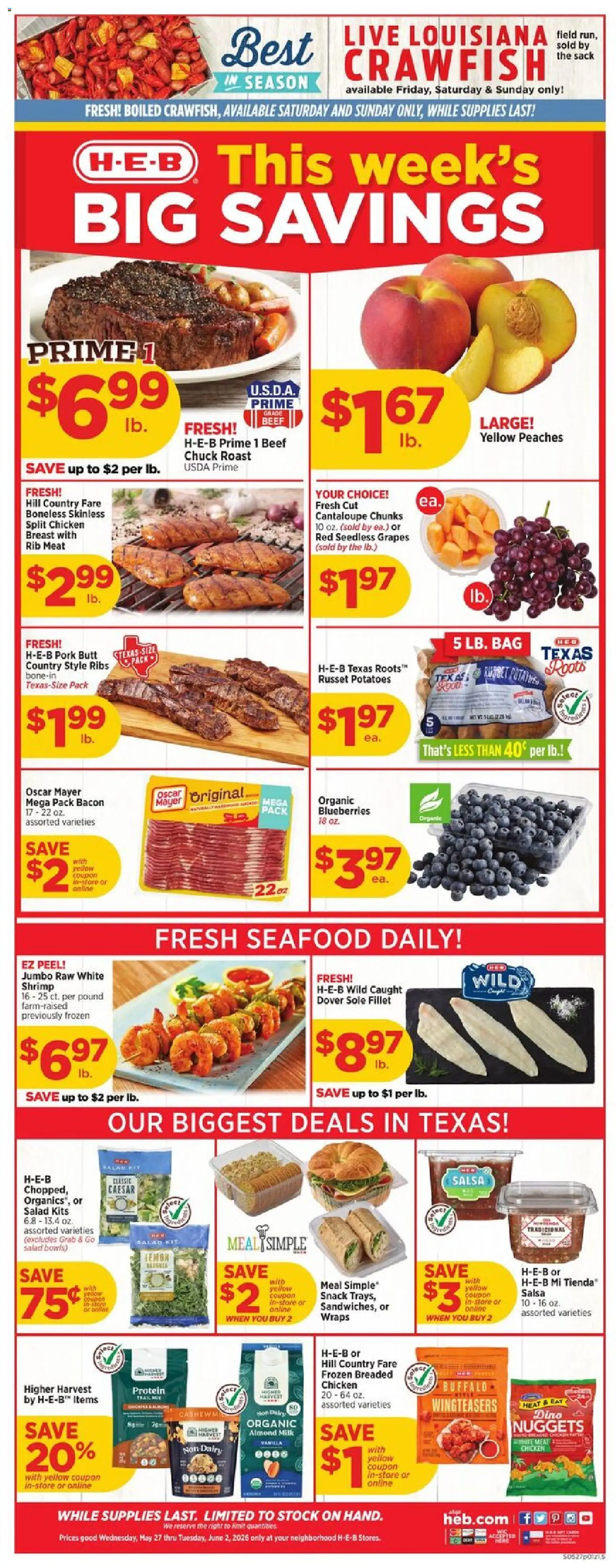 Ad Preview of H-E-B H-E-B Weekly Ad from 05/27/2026 - Salad, Peaches, Milk, Protein, Beef, Pork butt, Seedless grapes, Chicken