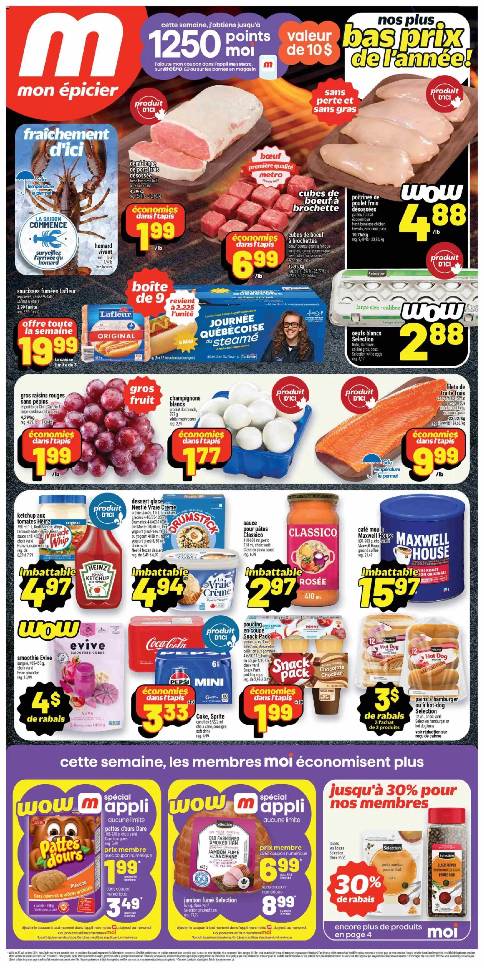 Preview of leaflet Metro circulaire - Pickering from shop Metro is valid from Apr 30, 2026 - Pasta, Hamburger, Milk, Pepsi, Roast, Garlic, Ketchup, Powder