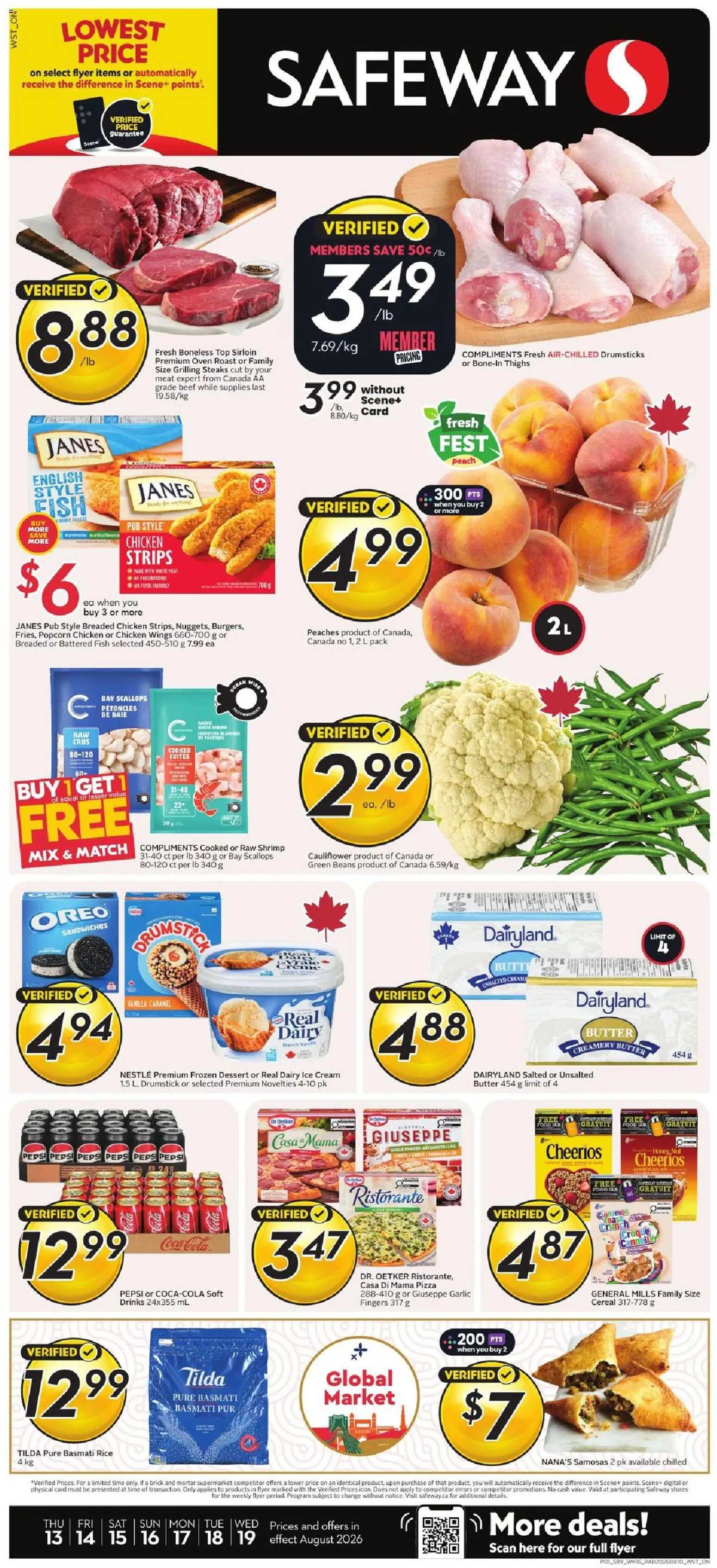 Preview of leaflet Safeway weekly flyer / circulaire from shop Safeway is valid from Aug 13, 2026 - Pizza, Fish, Chicken wings, Peaches, Beans, Cream, Roast, Strips