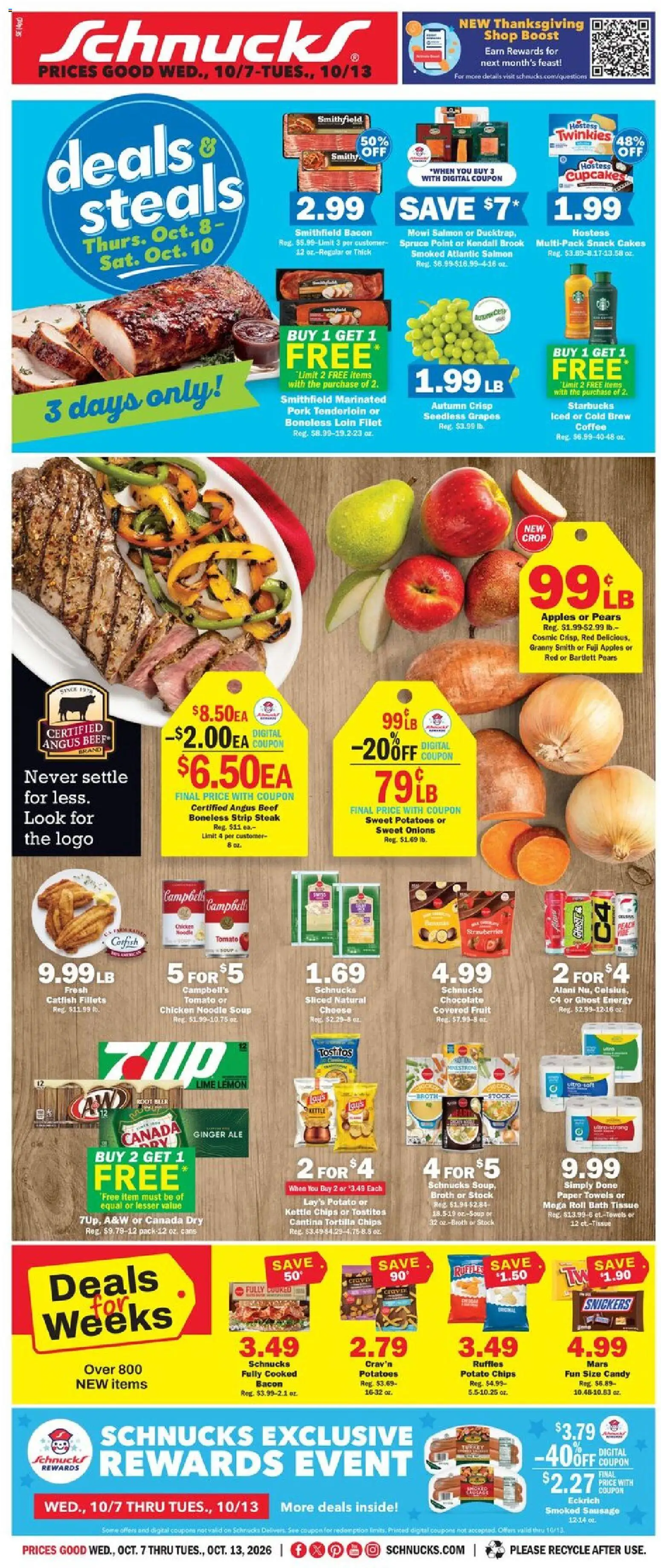 Ad Preview of Schnucks Schnucks Weekly Ad from 10/07/2026 - Apples, Chips, Tomato, Grapes, Lime, Pears, Potato chips, Chicken