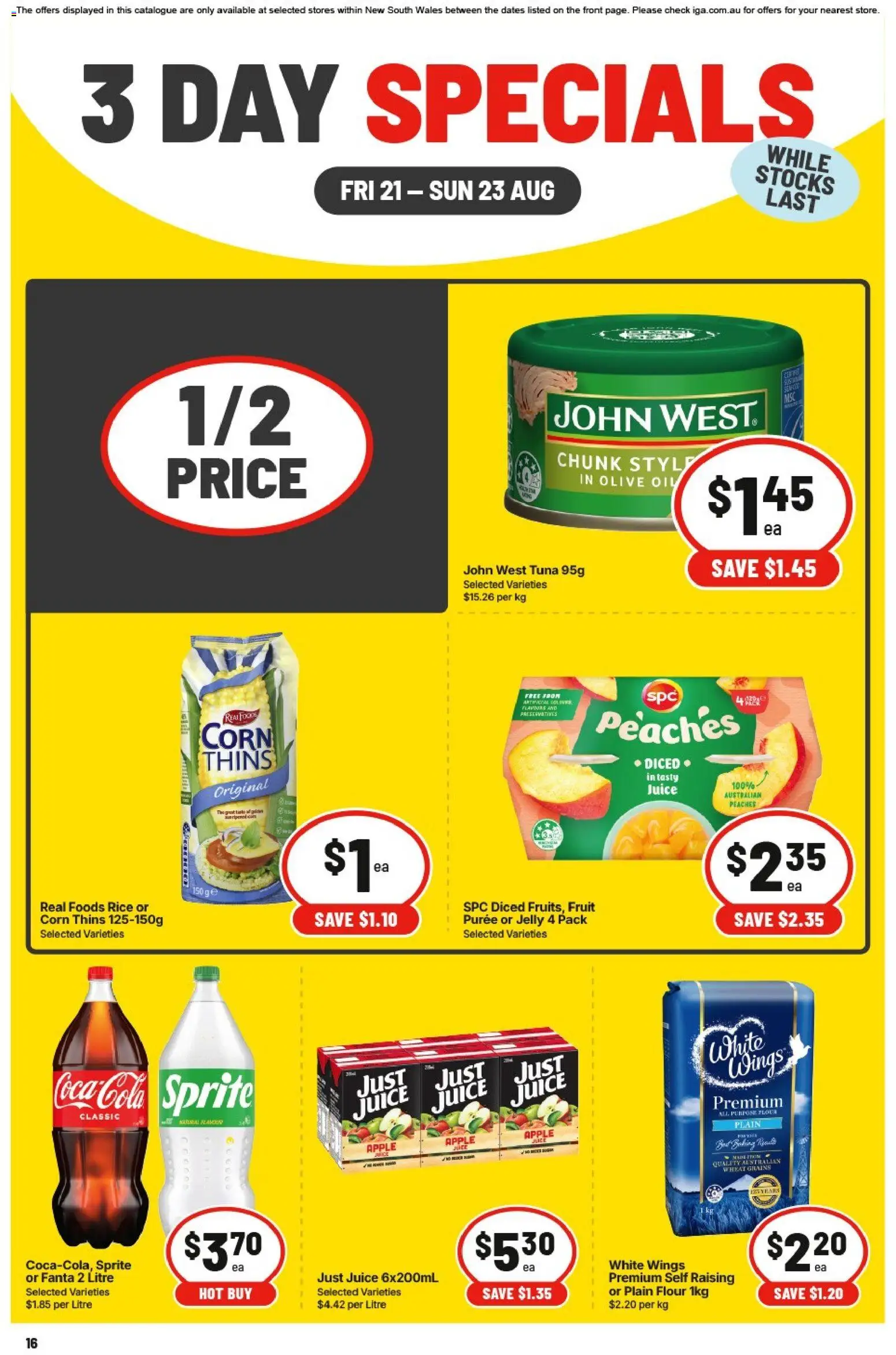 Preview of catalogue IGA 3 Day Specials NSW from shop IGA valid 21/08/2026 - Corn, Oil, Juice, Rice, Coca Cola, Tuna, Sprite, Fanta
