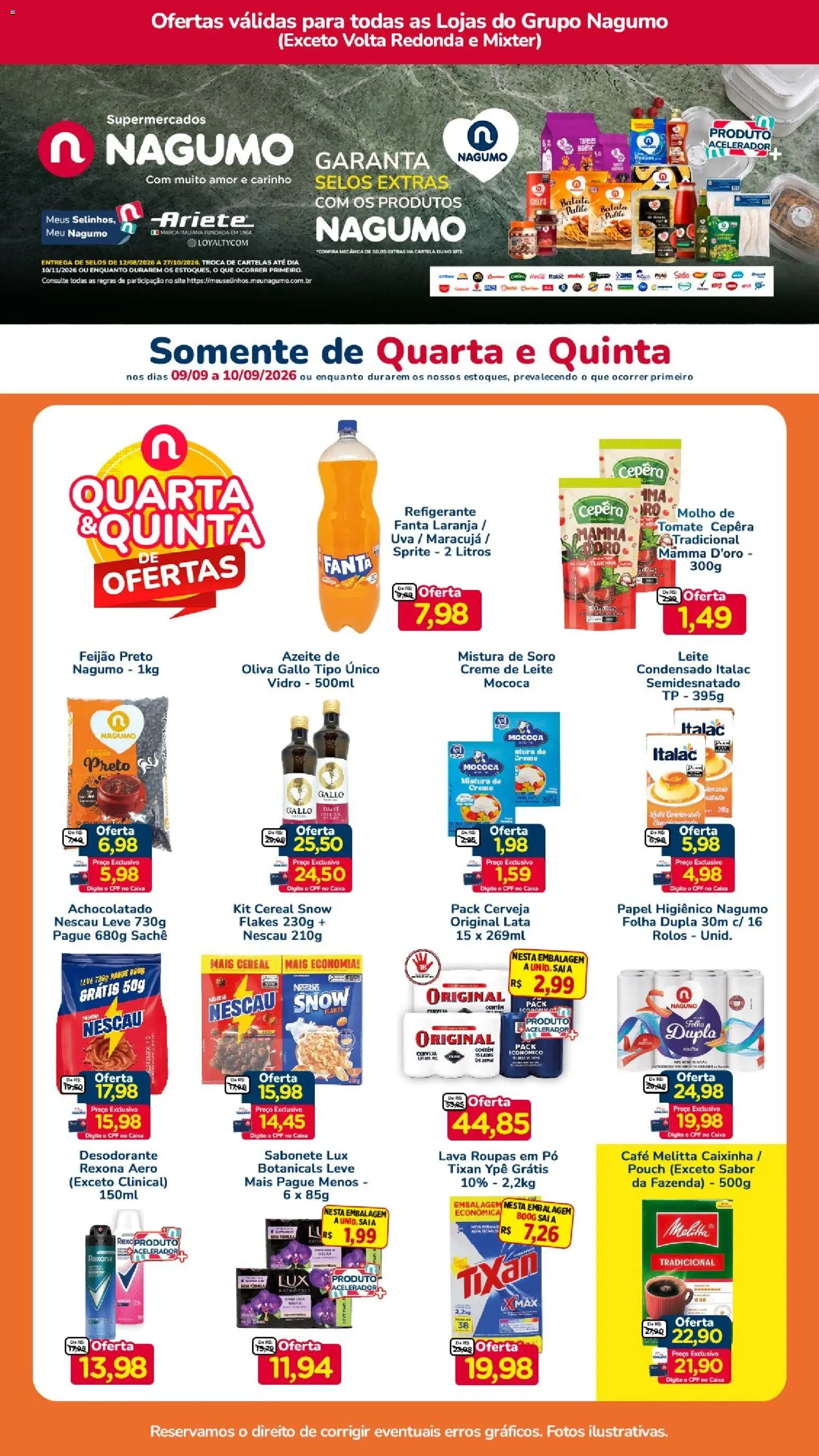 Pré-Visualização do folheto "Nagumo ofertas Quarta e Quinta" da loja Nagumo válido a partir de 09/09/2026 - Café, Leite condensado, Uva, Feijão, Tomate, Creme de leite, Papel higiênico, Fanta