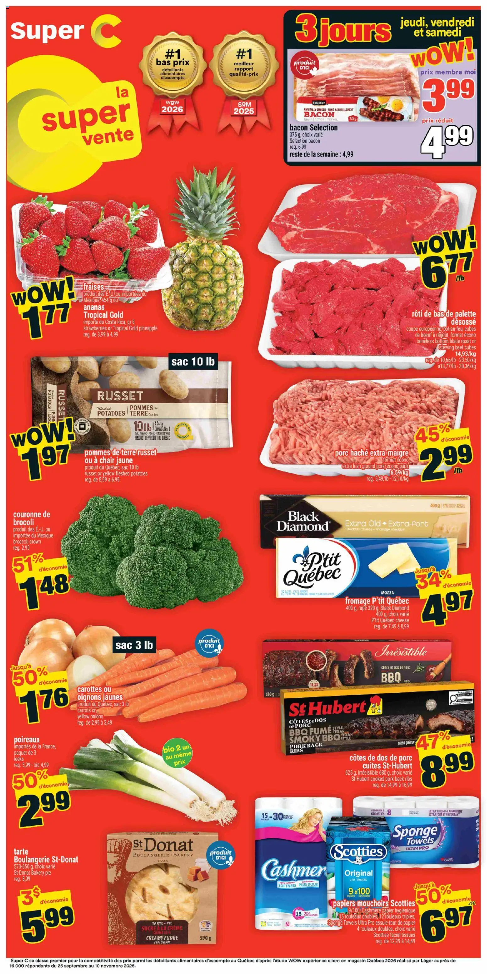 Preview of leaflet Super C weekly flyer - Chandler from shop Super C is valid from Mar 26, 2026 - Cheese, Potatoes, Pineapple, Chair, Carrots, Towels, Sponge, Tissues