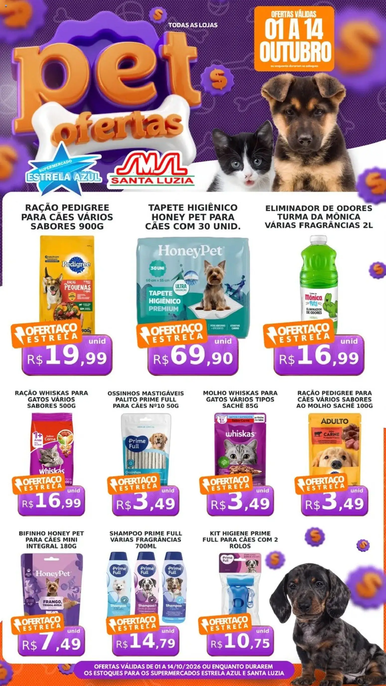 Pré-Visualização do folheto "Estrela Azul ofertas Pet" da loja Estrela Azul válido a partir de 01/10/2026 - Shampoo, Tapete, Carne, Frango, Ração, Aveia, Tapete higiênico, Eliminador de odores