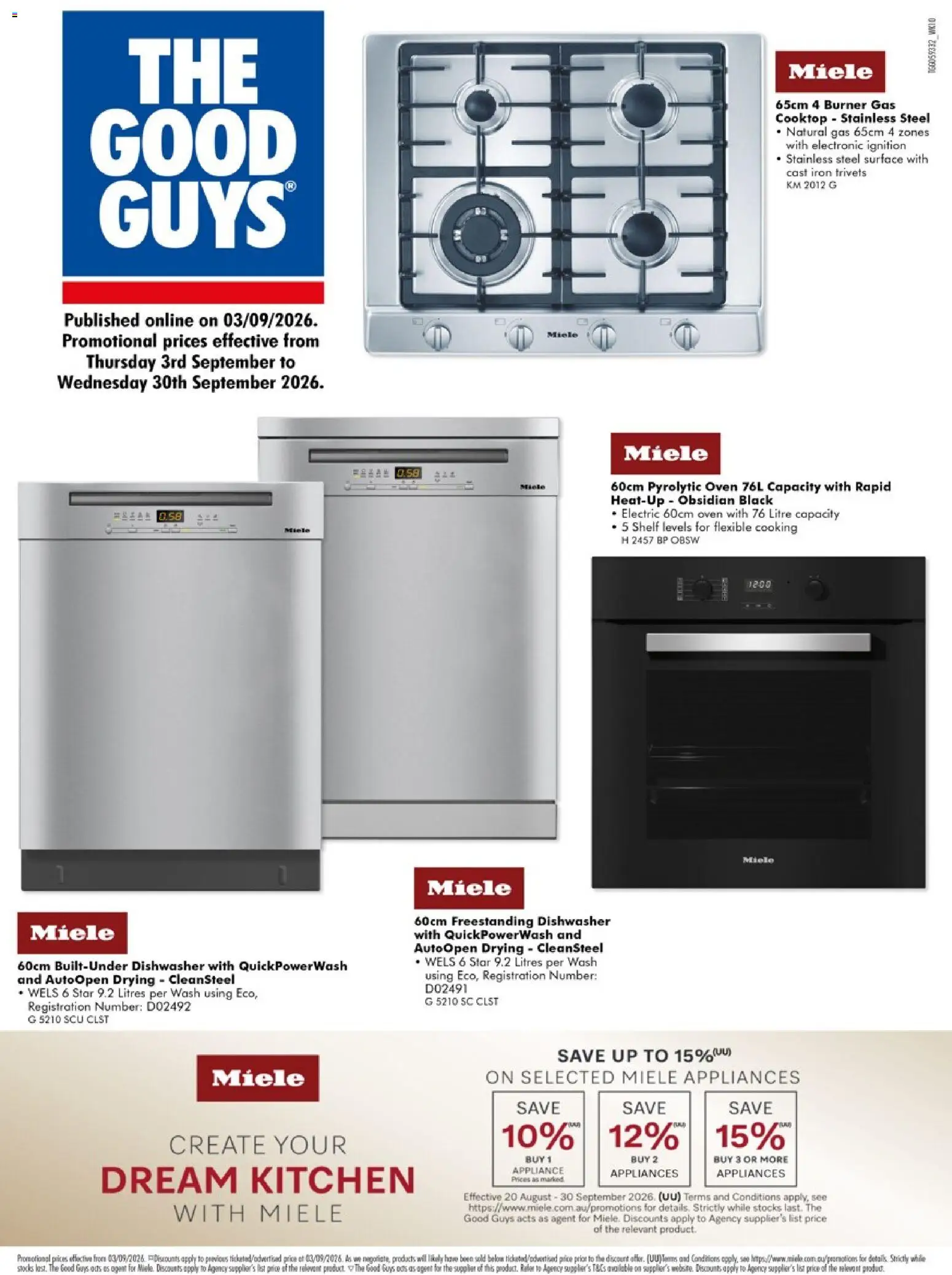 Preview of catalogue The Good Guys Miele from shop The Good Guys valid 03/09/2026 - Shelf, Appliance, Oven, Cooktop, Dishwasher, Iron