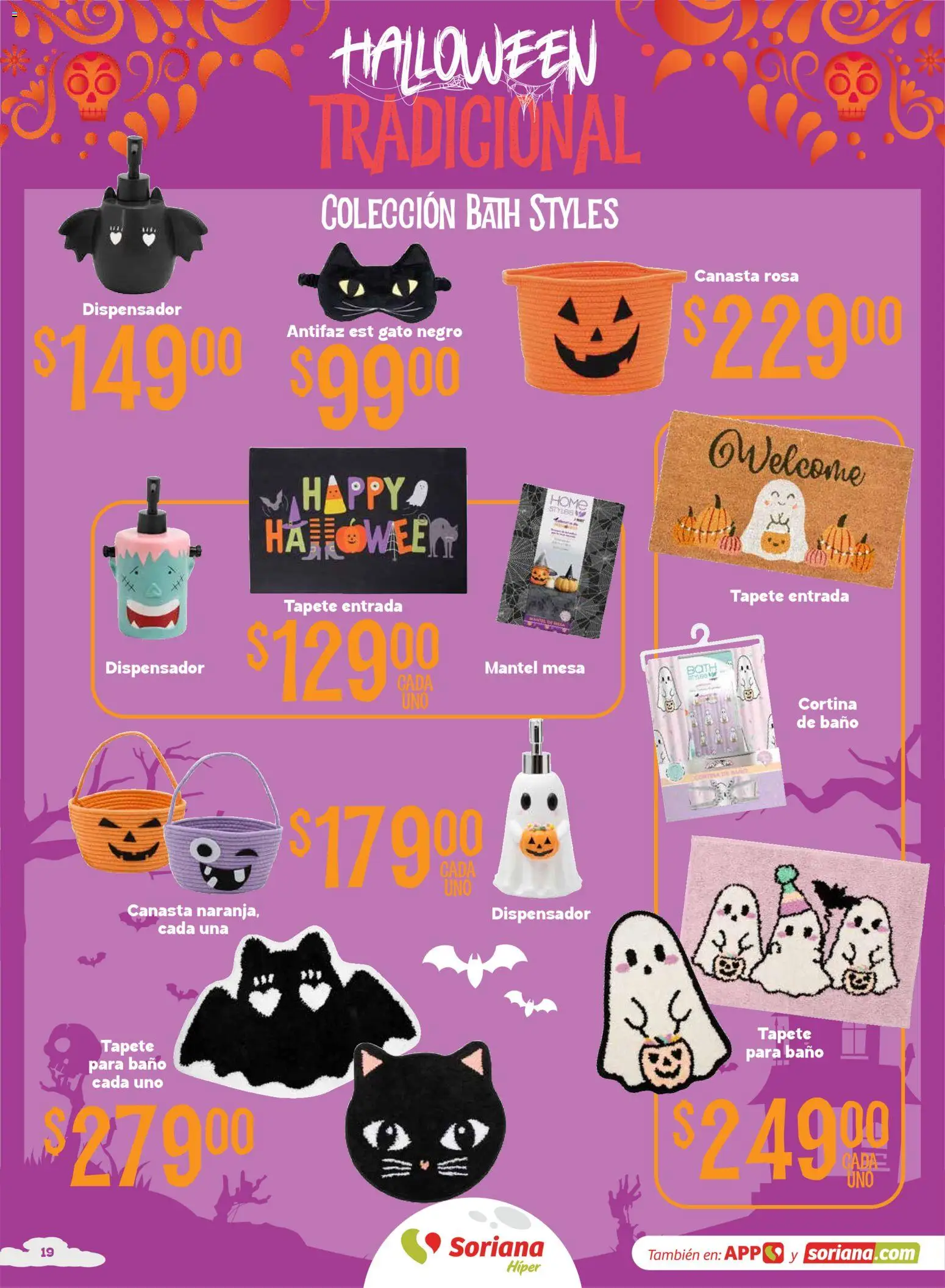 Vista previa las ofertas de la tienda Soriana - Soriana Híper - Halloween y Día de muertos desde el 01/10/2026 - Baño, Mesa, Canasta, Antifaz, Tapete, Mantel