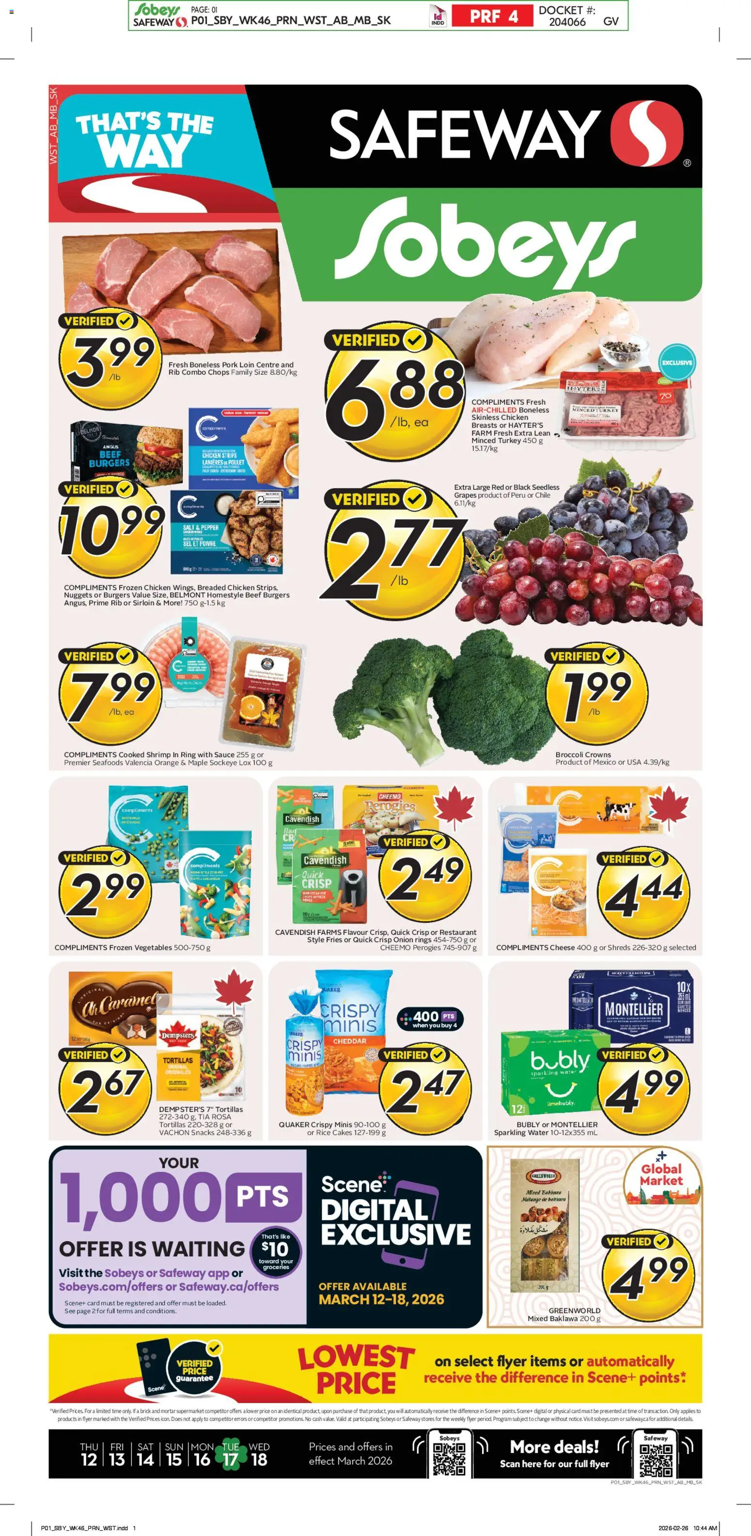 Preview of leaflet Sobeys weekly flyer - AB from shop Sobeys is valid from Mar 12, 2026 - Chicken, Broccoli, Rice, Pepper, Chicken breasts, Grapes, Chicken strips, Frozen chicken